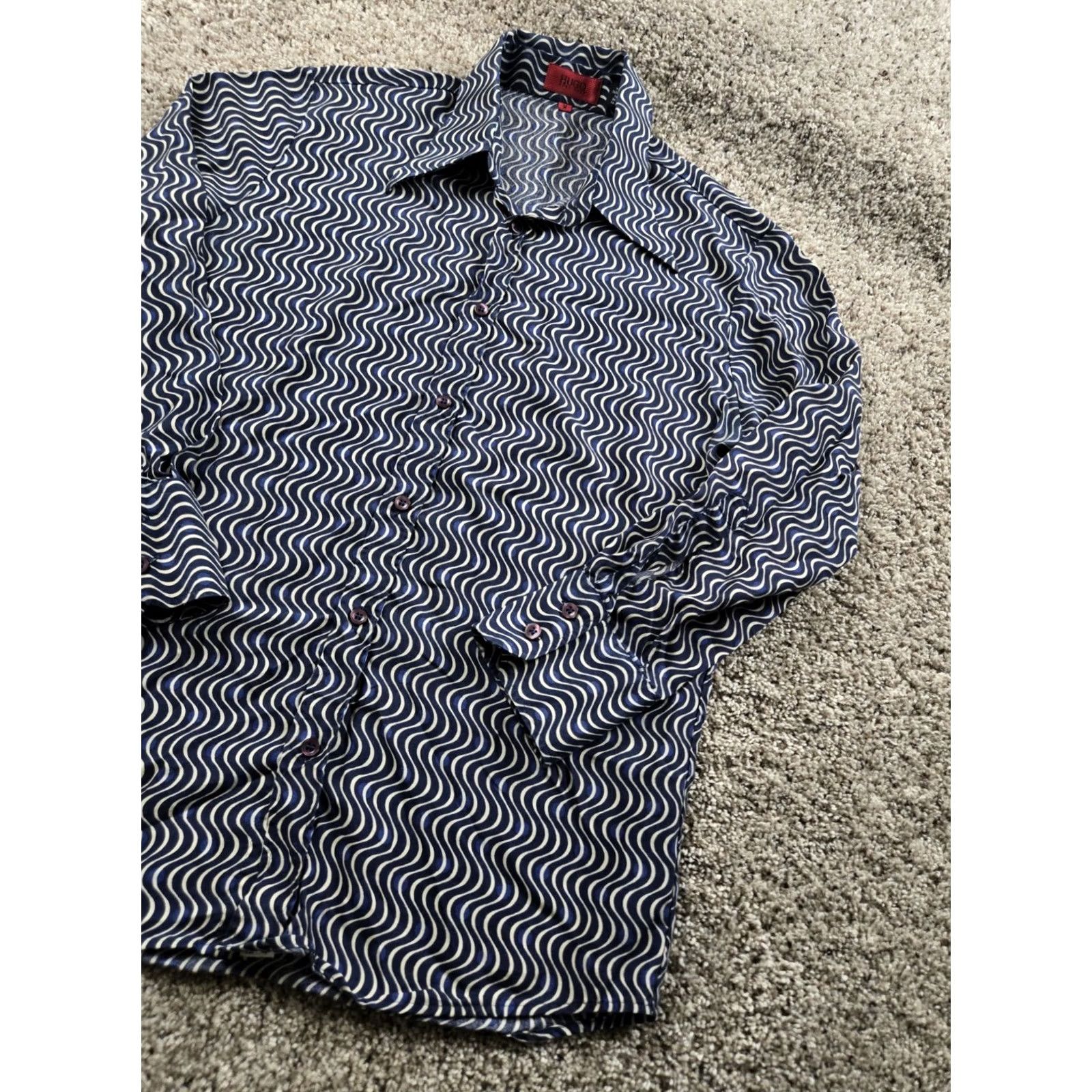 Hugo Boss HUGO BOSS Shirt Medium Blue Waves Button Up Retro 70s Groovy Point Collar Mens Regular XS? Size US M / EU 48-50 / 2 - 2 Thumbnail