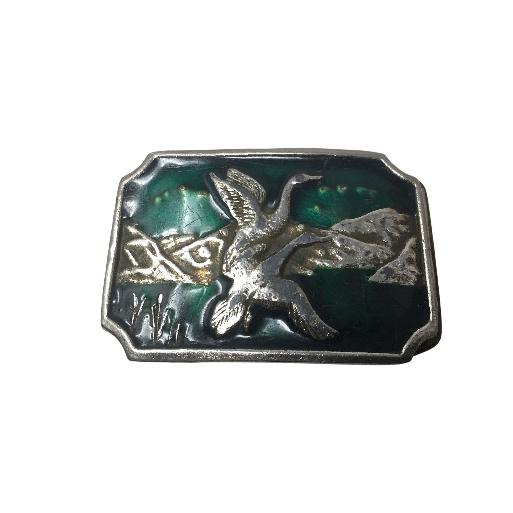 Other Vintage Silver and Green Men's Metal Belt Buckle with Two Fl Size ONE SIZE - 1 Thumbnail