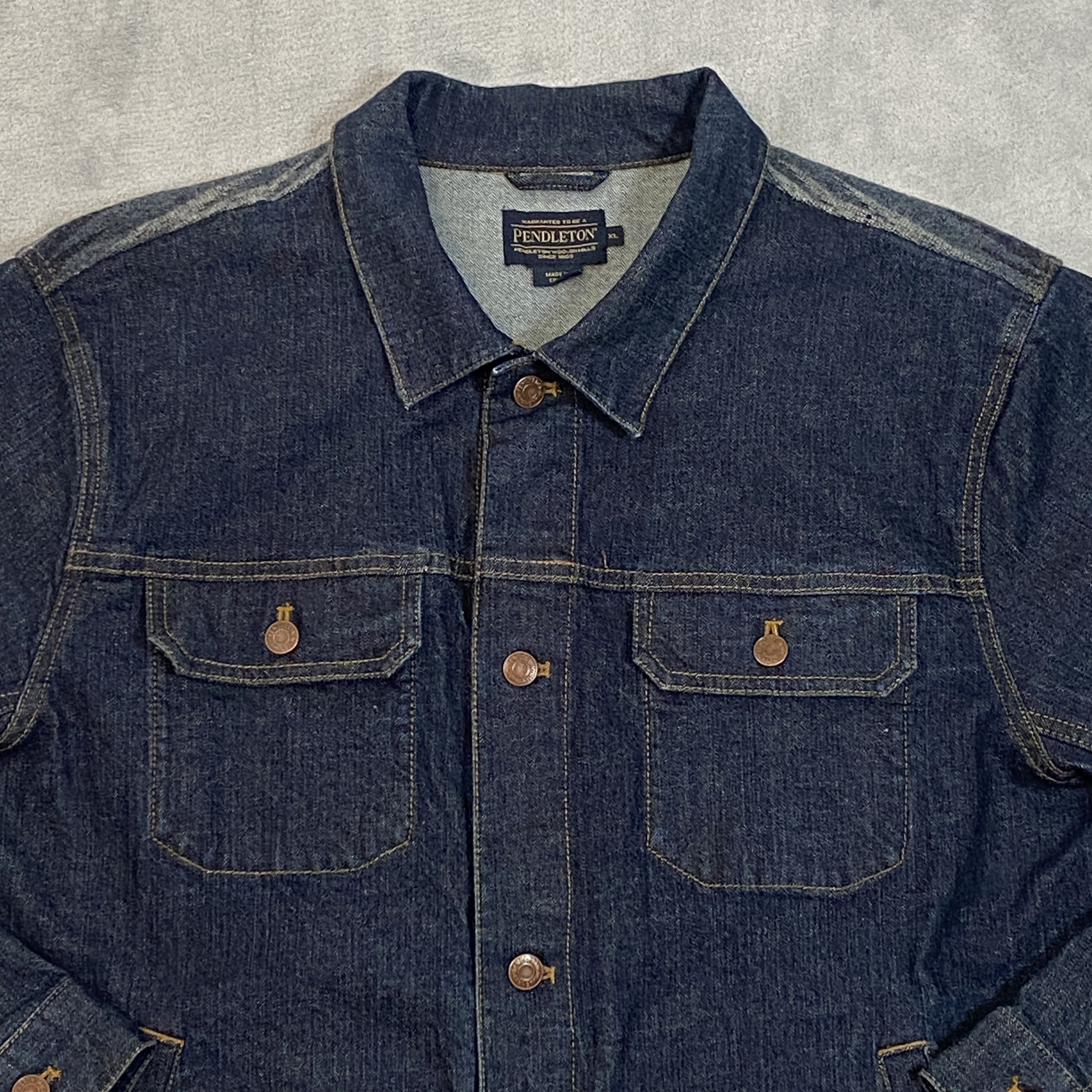 Pendleton × Vintage Denim Trucker Jacket Men XL Blue Aztec Navajo Wool Panels Size US XL / EU 56 / 4 - 5 Thumbnail