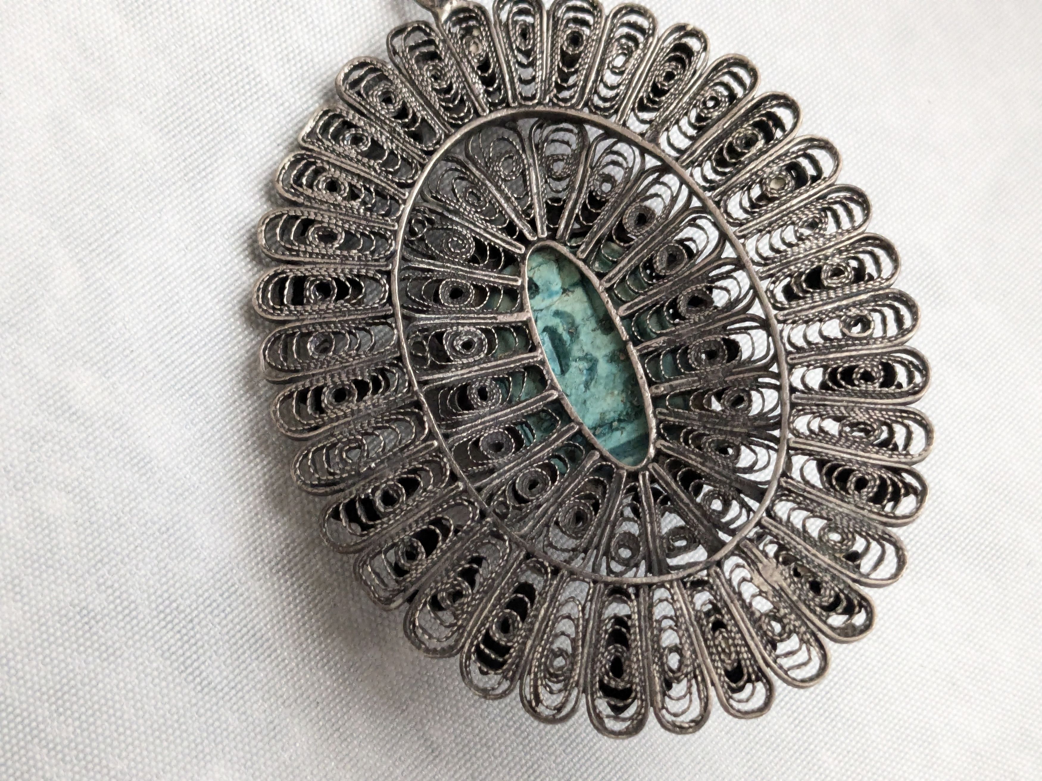Jewelry Egyptian Silver Scarab Pendant Filigree Faience Blue Oval Size ONE SIZE - 13 Thumbnail