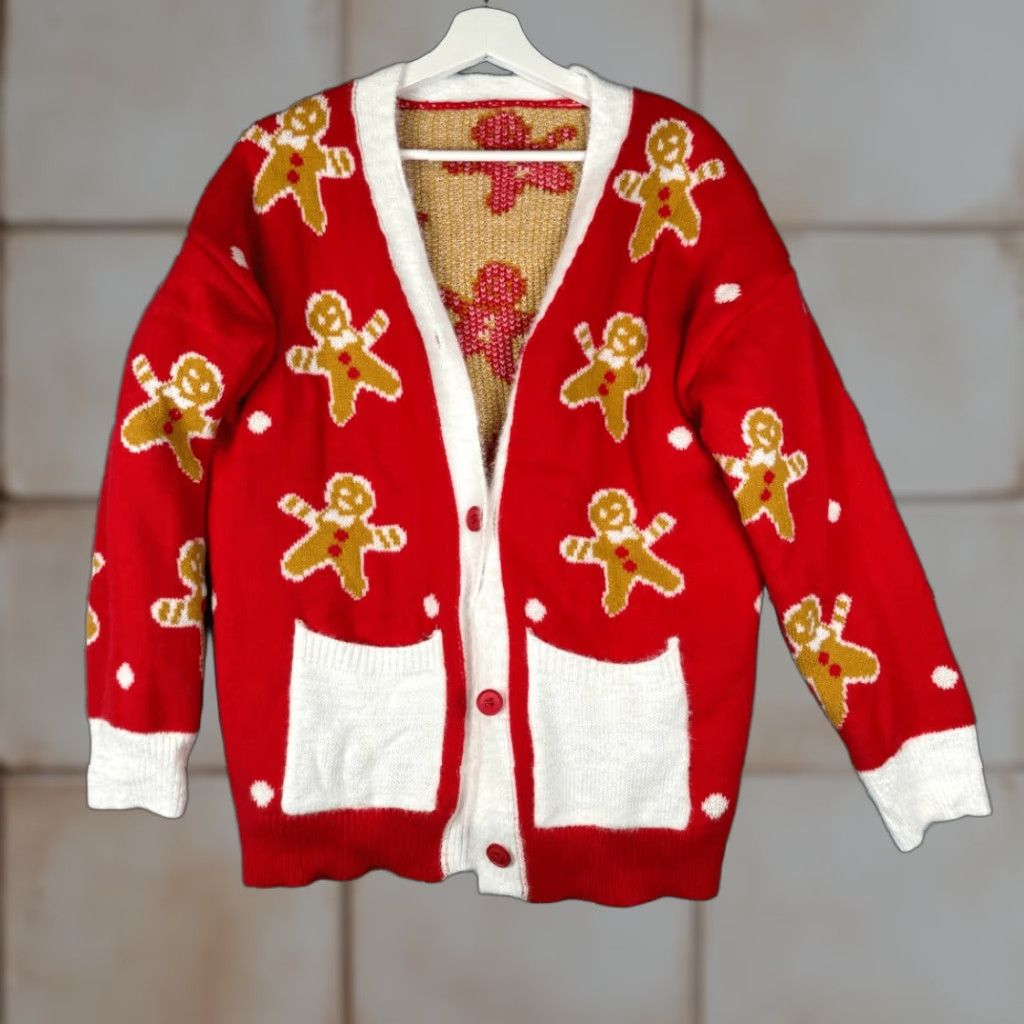Shein SHEIN Cardigan Sweatshirt Gingerbread Man Button Front Red Tan Womens Medium M Red Cardigan Sweater Menus Mens Womens Size M / US 6-8 / IT 42-44 - 1 Thumbnail