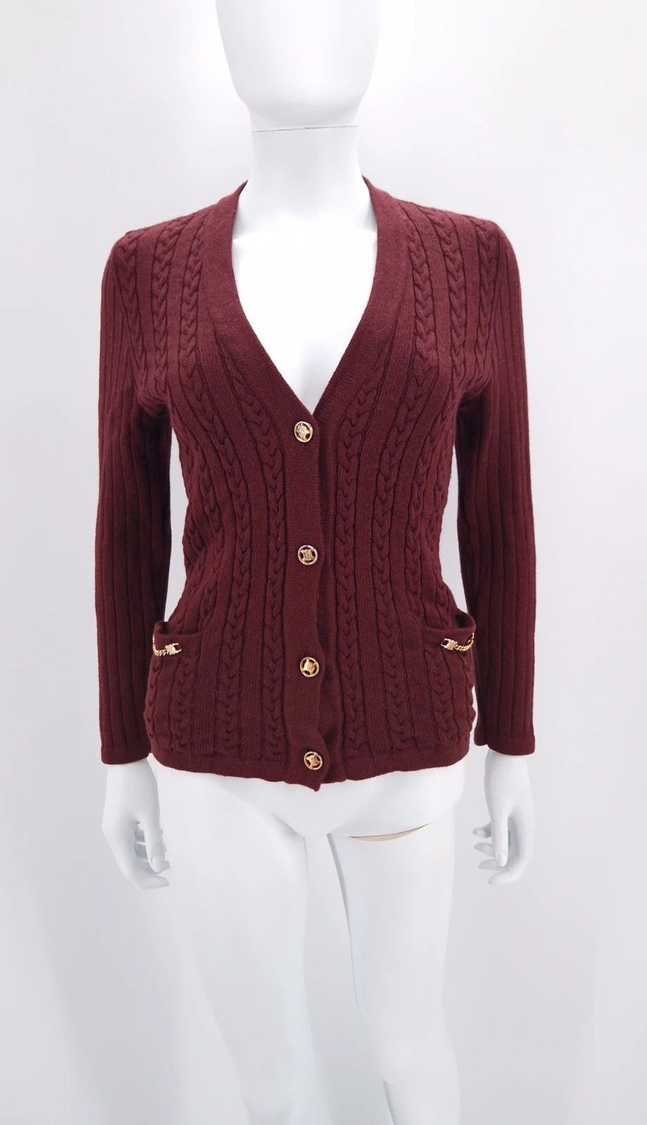 Celine Celine Cable Knit Wool Cardigan in Deep Burgundy Size M / US 6-8 / IT 42-44 - 1 Thumbnail