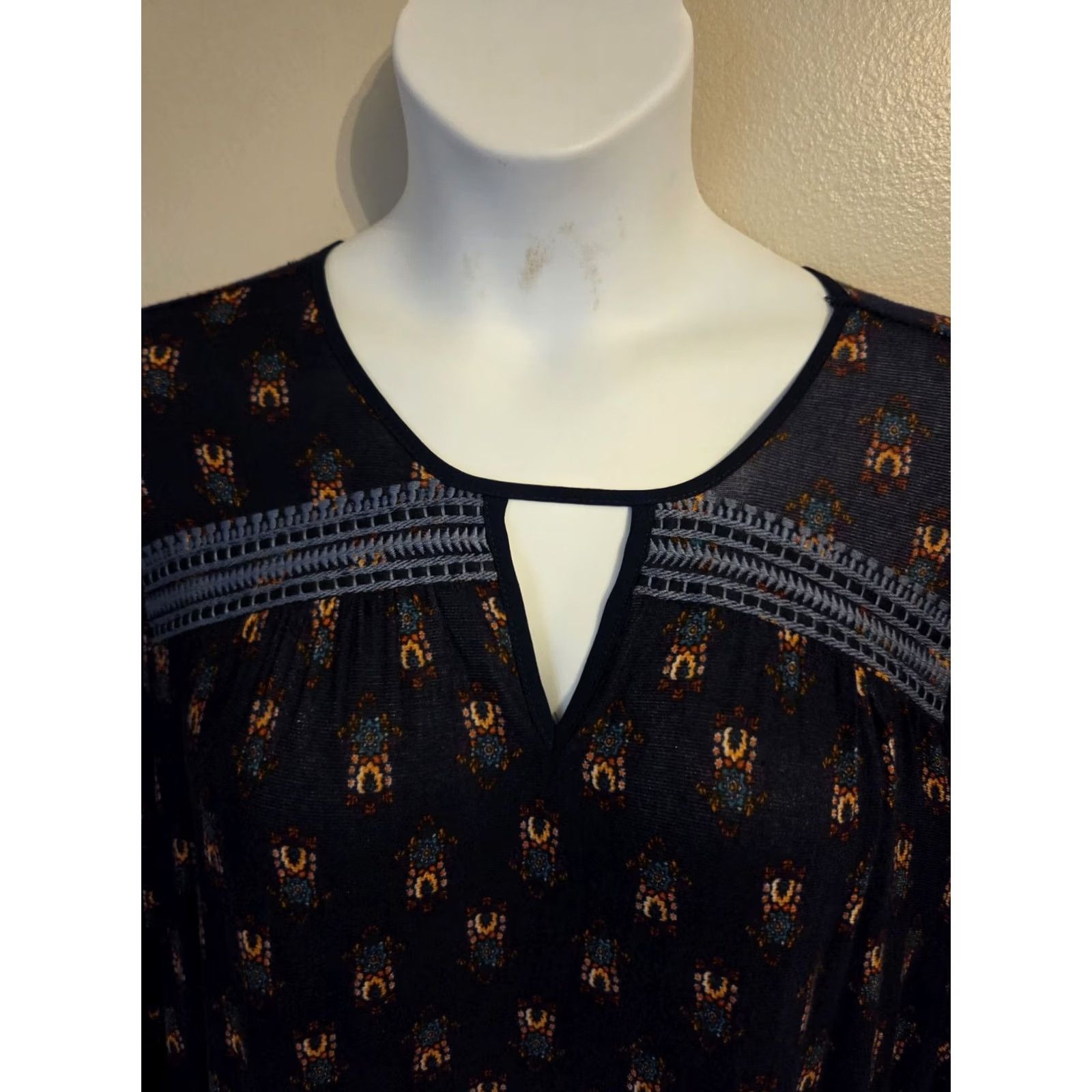 Vintage VINTAGE America Blues Navy Blue Embroidered Stretchy Sheer Top Bohemian Hippie XL Blouse Womens Size XL / US 12-14 / IT 48-50 - 2 Thumbnail