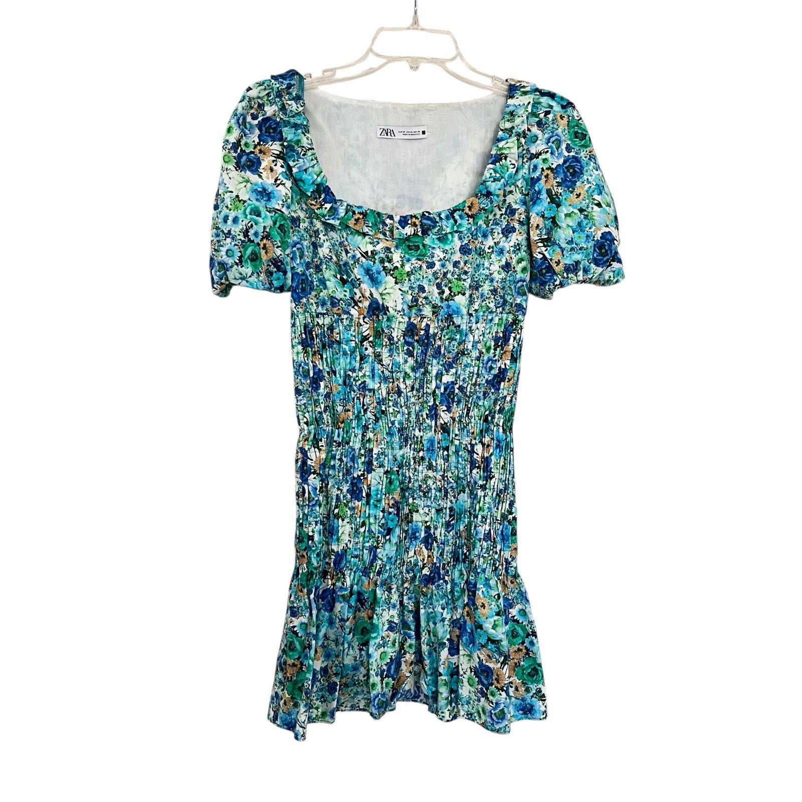Zara Zara Blue Floral Print Smocked Square Neck Mini Dress Size XS / US 0-2 / IT 36-38 - 3 Thumbnail