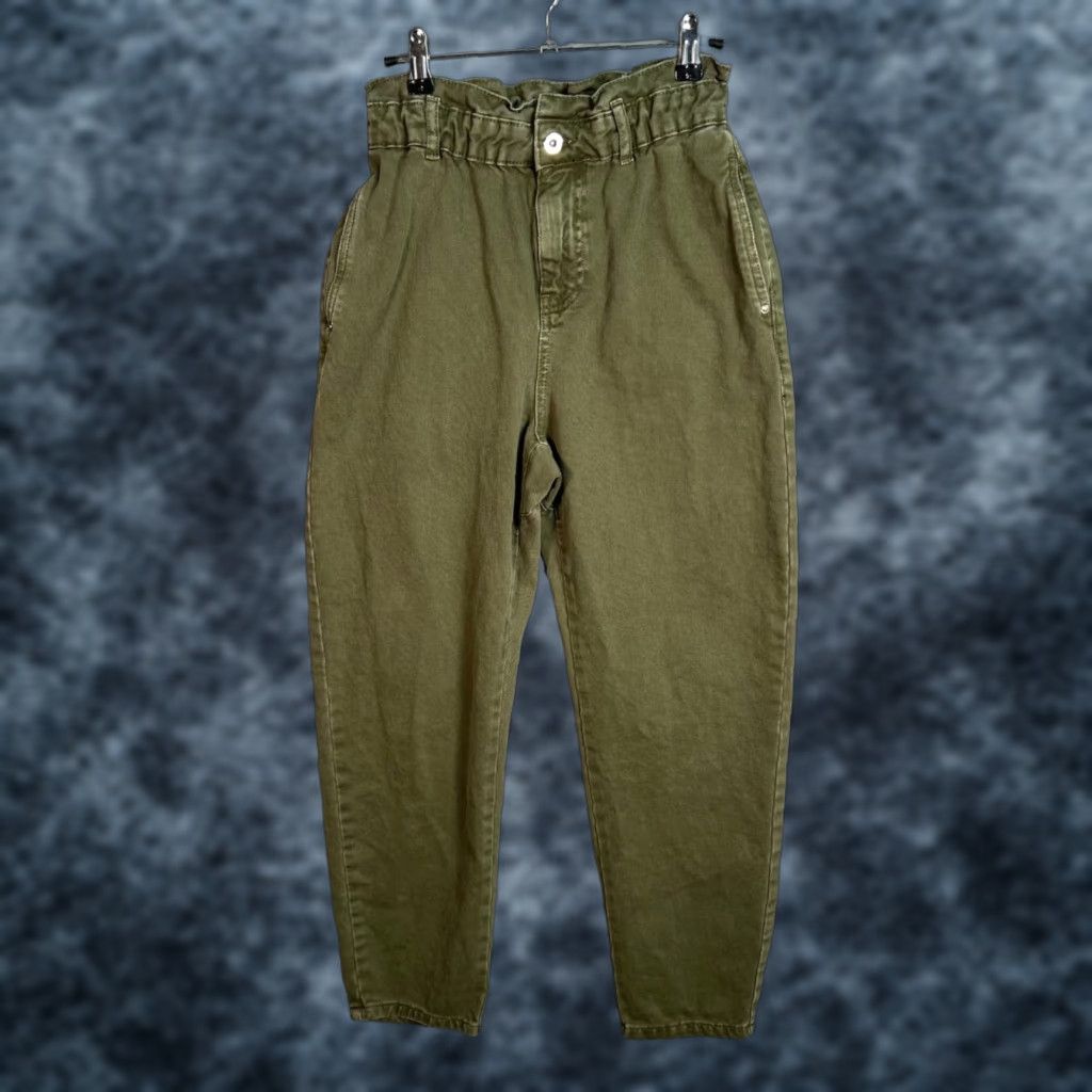 Zara Zara Womens Paperbag Pants Olive Green 100% Cotton High-Waisted Size 2 Tapered Inseam 25 in Womens Size 26" / US 2 / IT 38 - 1 Thumbnail