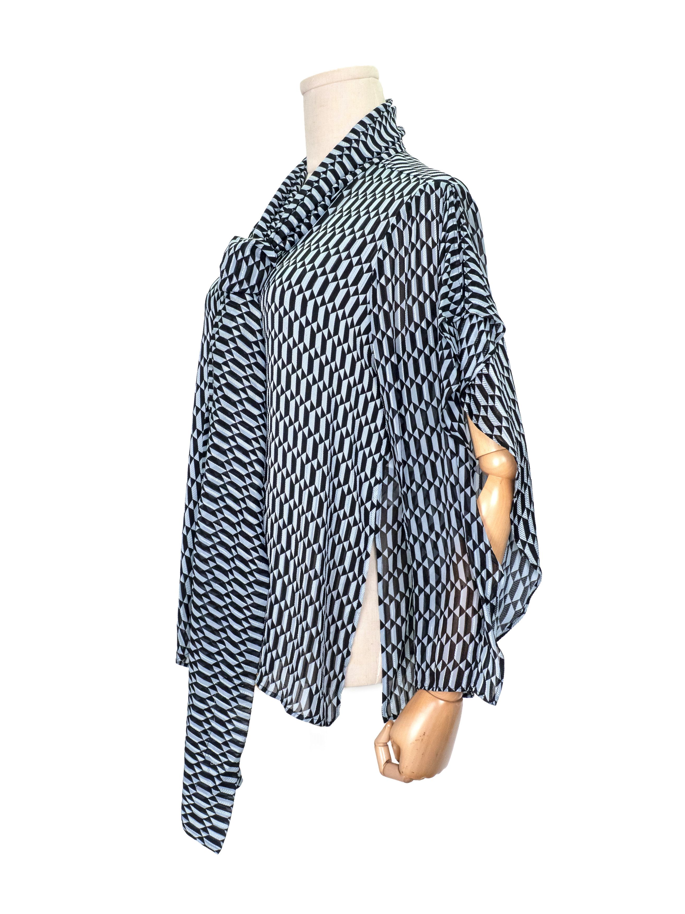 Fendi Fendi Black Grey Geometric Printed Silk Shirt with Neck Wrap Size XS / US 0-2 / IT 36-38 - 3 Thumbnail