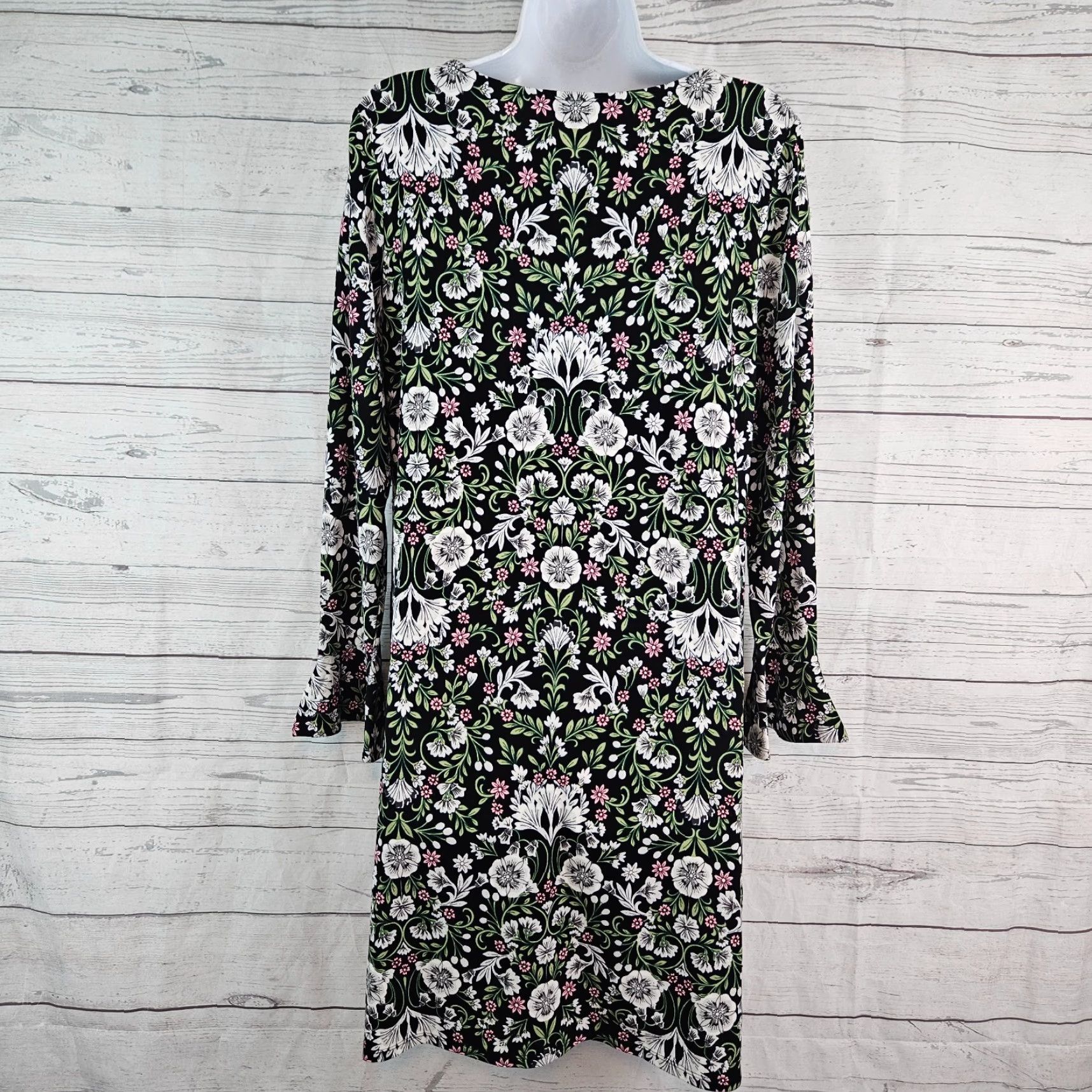 J. Jill J Jill Wearever Collection Dress Womens Sz Medium Black Green Floral V-Neck Size M / US 6-8 / IT 42-44 - 3 Thumbnail