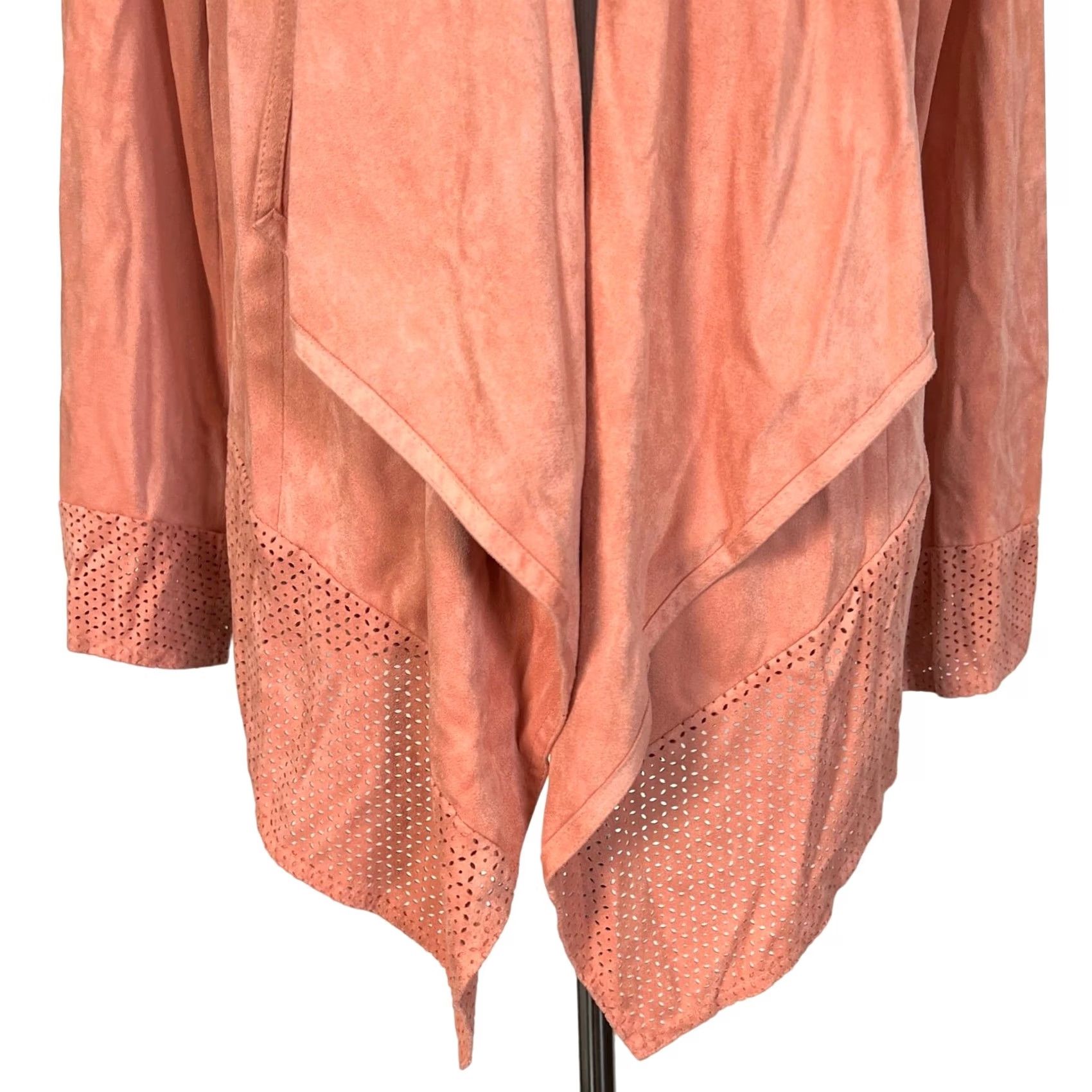 Vintage Chico's Pink Faux Suede Perforated Drape Cardigan Jacket Top Open Front Sz 2 (L) Coatigan Womens Size L / US 10 / IT 46 - 3 Thumbnail