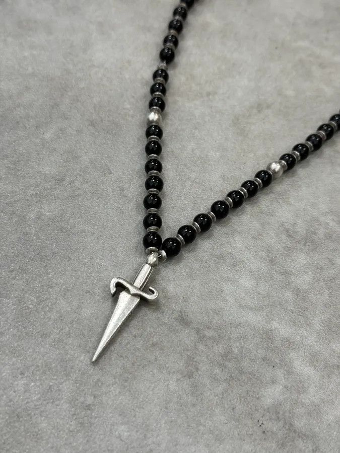 Vintage 2000s Cesare Paciotti Dagger Black Pearls Silver Necklace Size ONE SIZE - 3 Thumbnail