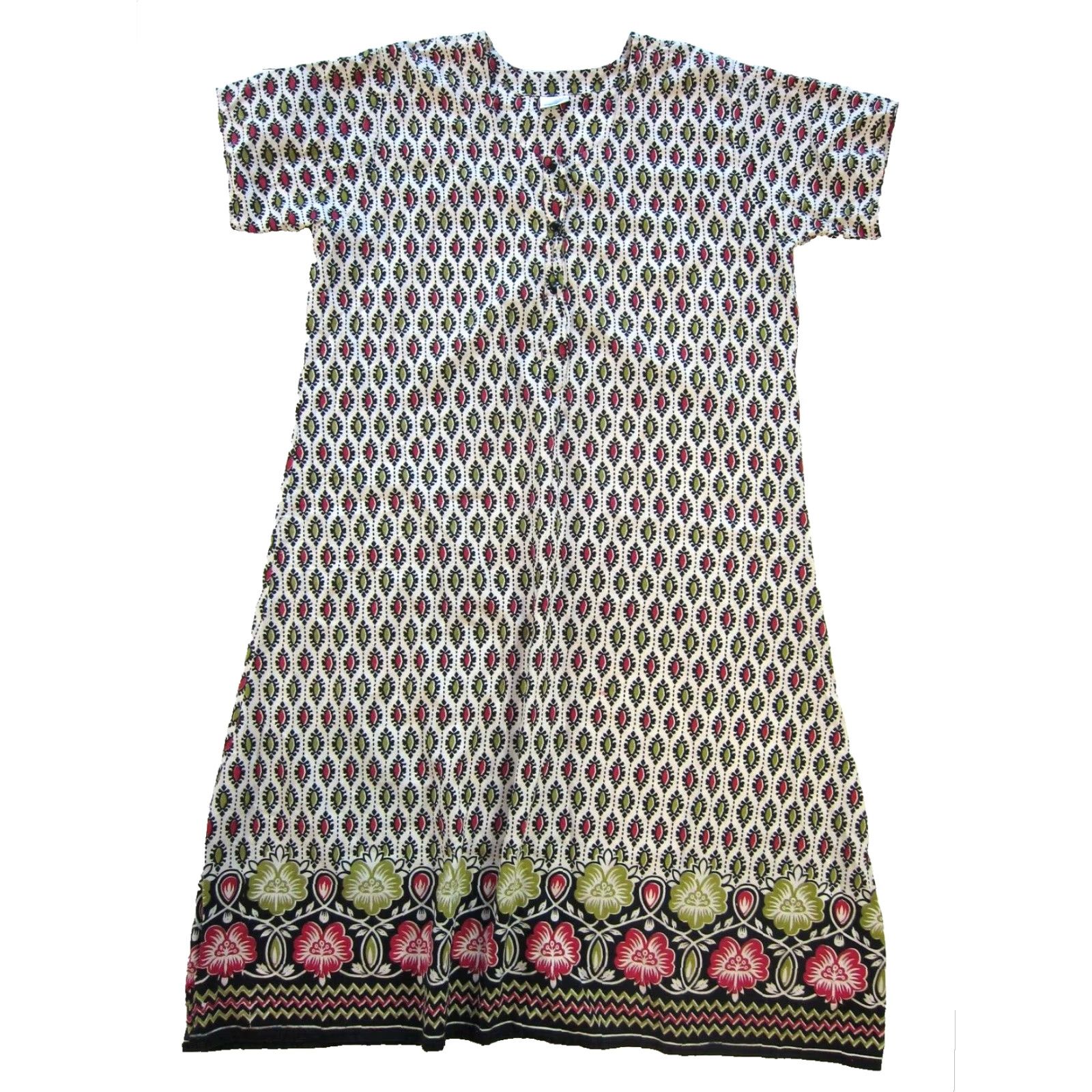 Vintage Vtg Hazel Cotton Red Black Green Floral Short Sleeve Long Maxi Kaftan Dress L Size 36" / US 14 / IT 50 - 2 Thumbnail