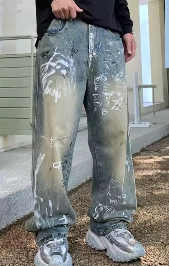 Jean Graffiti-Print Wide-Leg Denim Pants | Oversized Streetwear Size US 30 / EU 46 - 1 Thumbnail