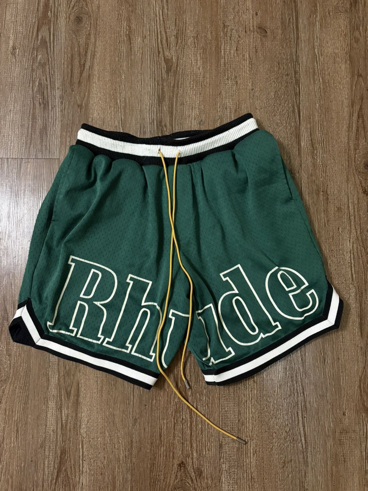 Rhude White Court Logo Green Basketball Shorts
