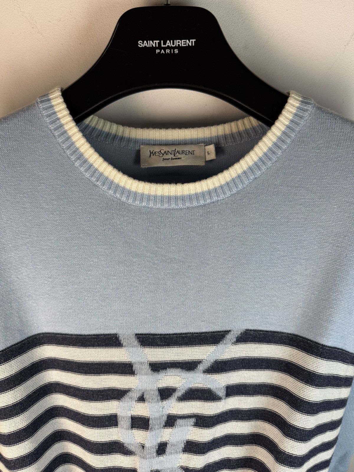 Yves Saint Laurent Blue YSL Sweater Knit Light Big Logo Size US L / EU 52-54 / 3 - 12 Thumbnail