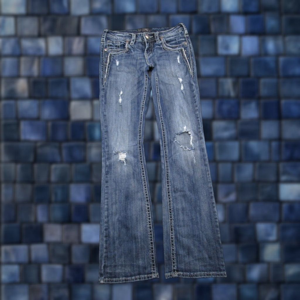 Silver Jeans Co. Silver Jeans Co Aiko Bootcut Distressed Blue Denim Jeans Women's 27X33 Size 27 33 Blue Jeans Distressed 5-Pocket Design Womens Jeans Size 27" / US 4 / IT 40 - 1 Thumbnail