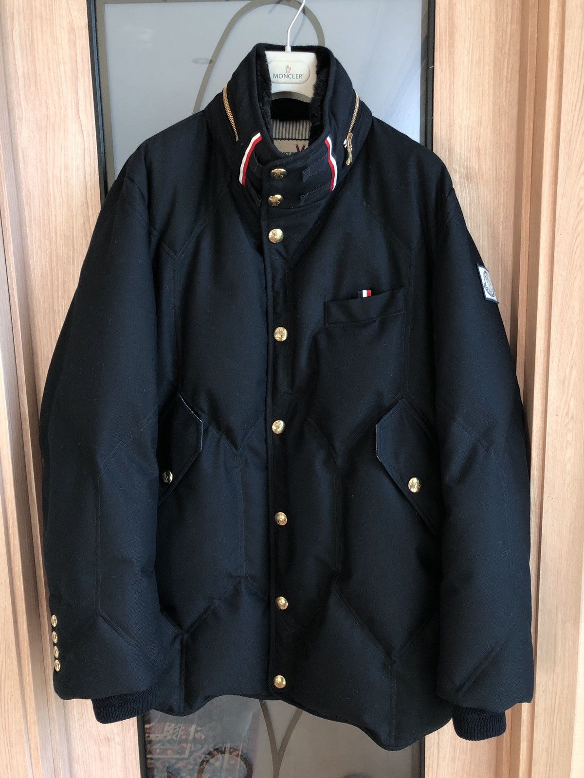 image of Moncler x Moncler Gamme Bleu Goose Down Padded Jacket With Fur Trim in Navy, Men's (Size Medium)