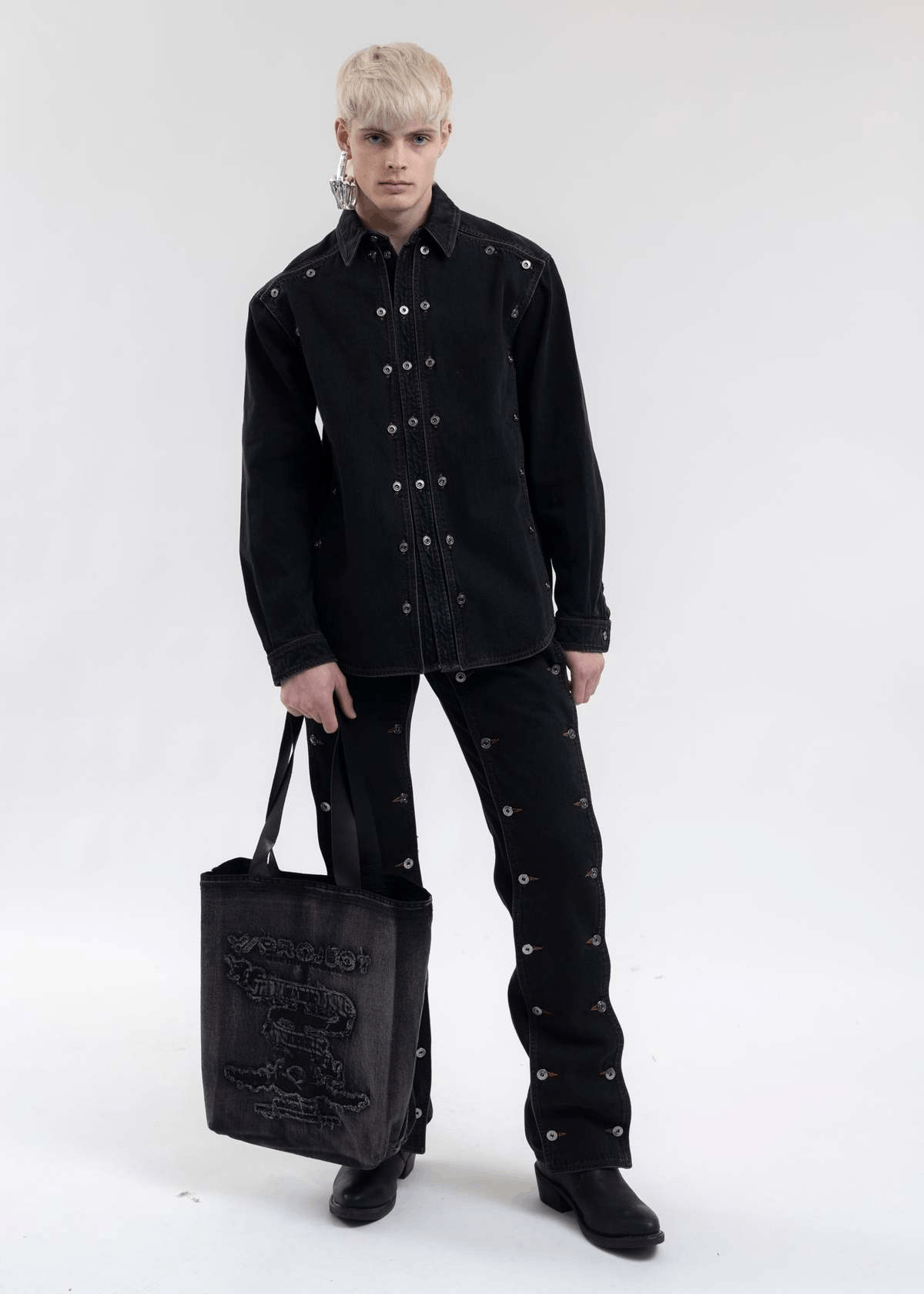 Yproject Black Washed Embroidered Denim Cotton Tote Bag, Men's