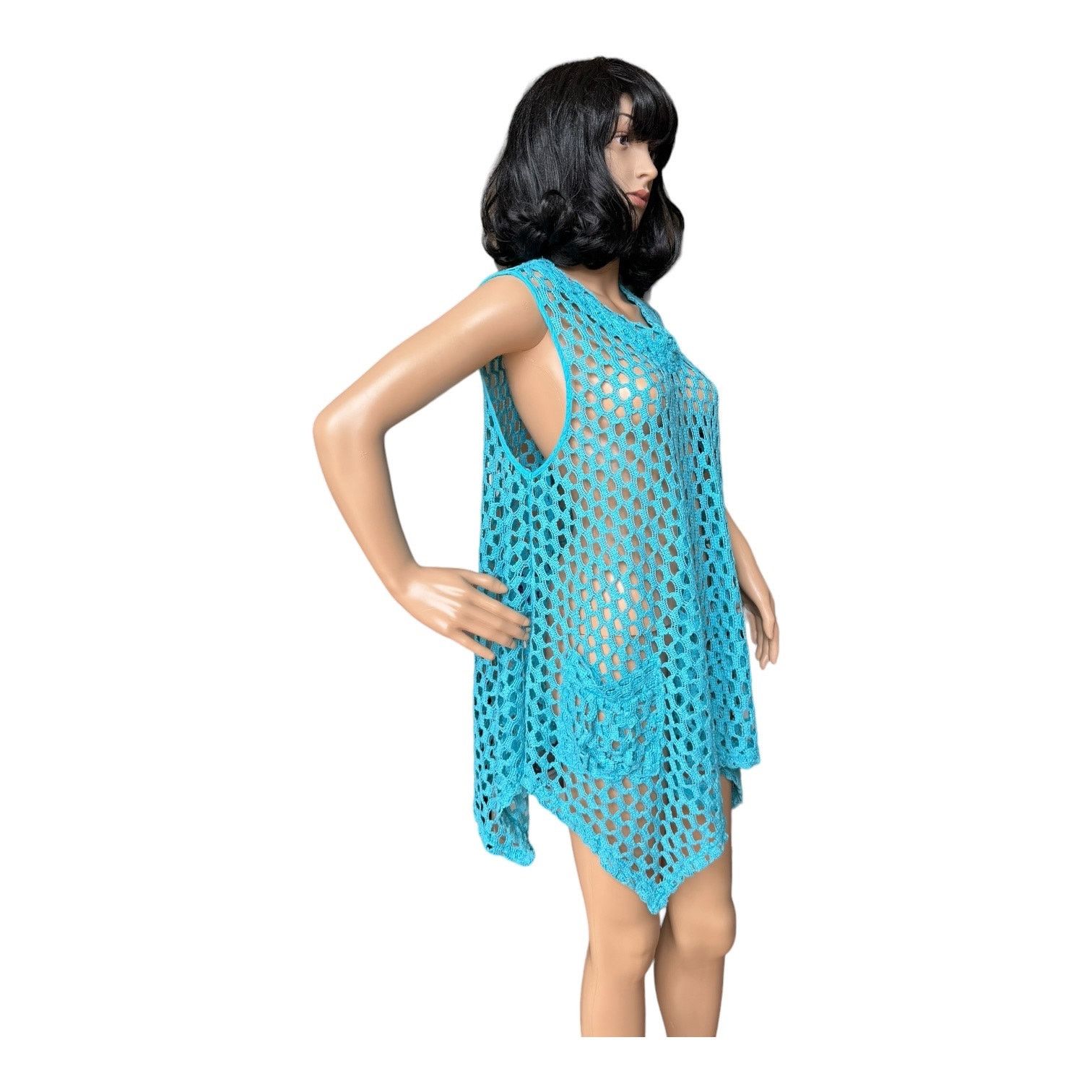 Other Kaktus Tunic Open Weave Crochet Lagenlook Boho blue large Size L / US 10 / IT 46 - 7 Thumbnail