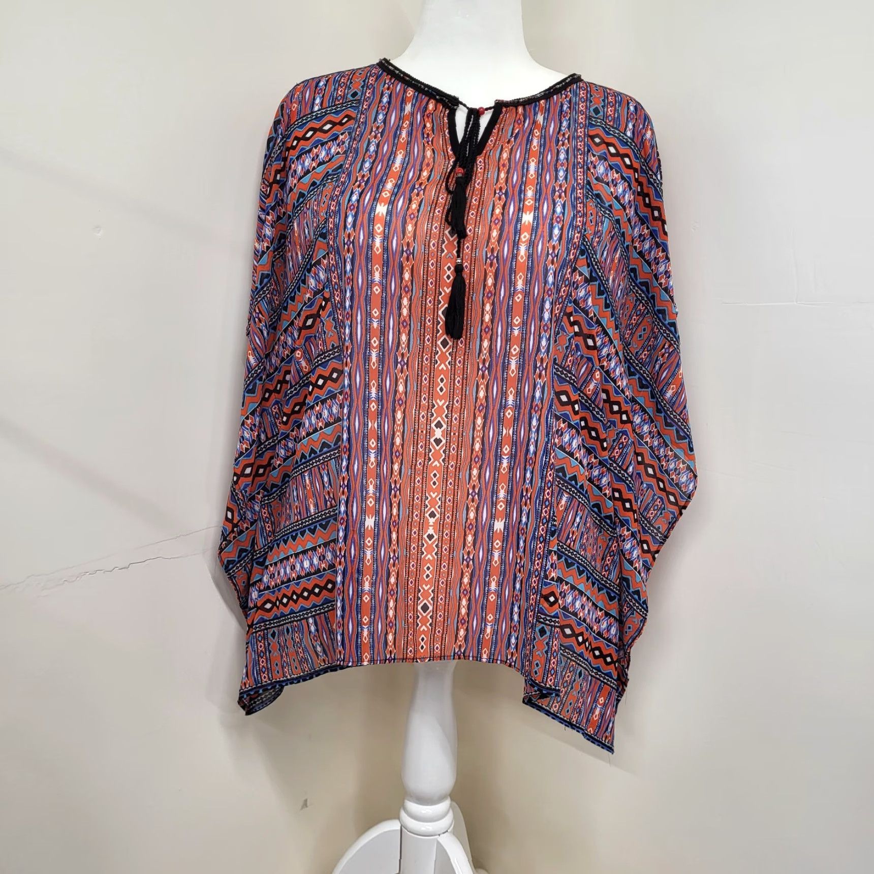 Vintage ND New Directions Shirt Women Size L Beaded Chiffon Red Blue Aztec Tunic Blouse Size L / US 10 / IT 46 - 2 Thumbnail