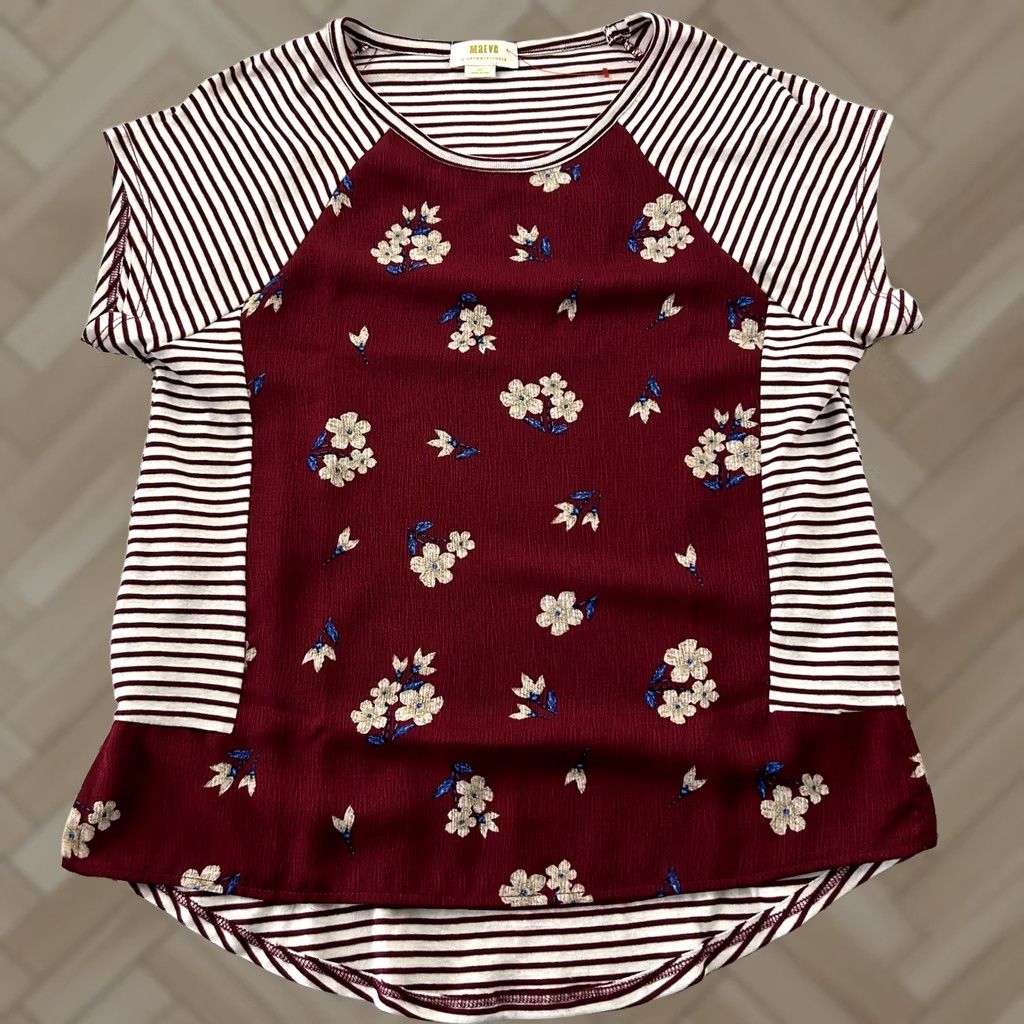Vintage Maeve Anthropologie Striped Floral Short Sleeve Top XS Womens Maroon Red Blouse Shirt Womens XS Floral 90s? Size XS / US 0-2 / IT 36-38 - 1 Thumbnail