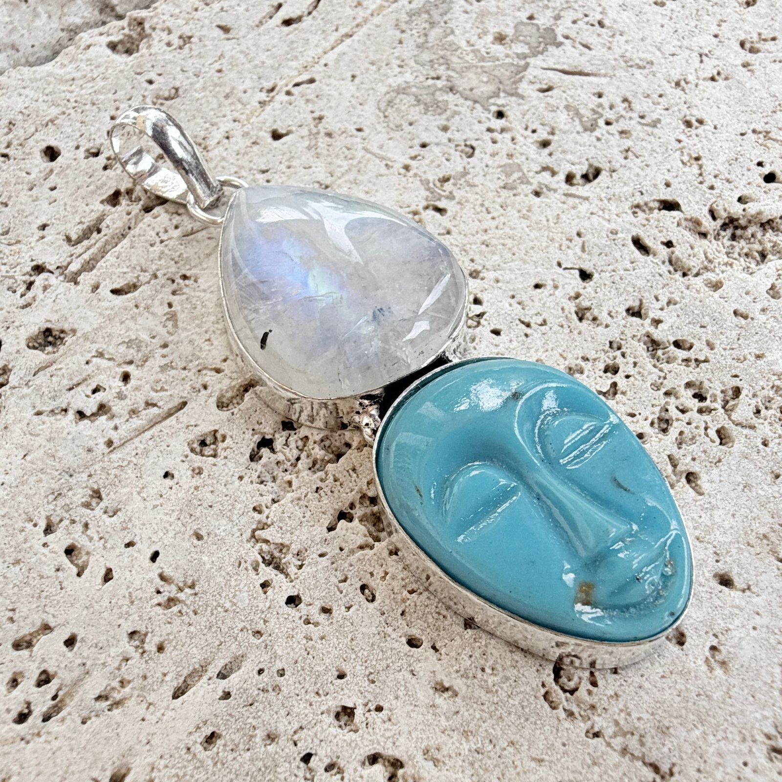 The Unbranded Brand Rainbow Moonstone Moon Face Blue Agate Pendant 925 Overlay Size ONE SIZE - 3 Thumbnail