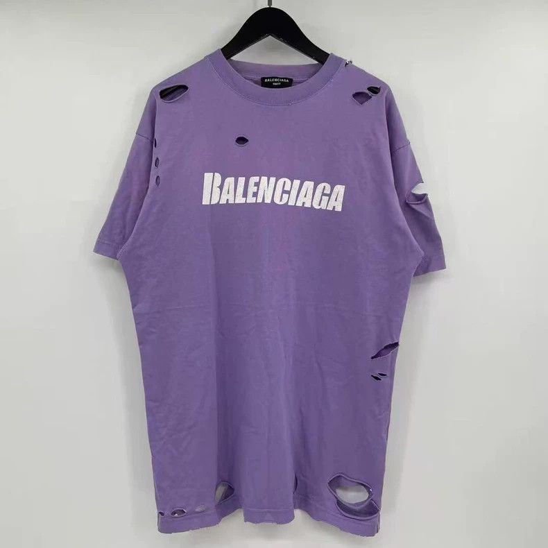 Balenciaga Balenciaga Eggplant Purple Ripped Letter Short Sleeve Size US XXS / EU 40 - 1 Thumbnail