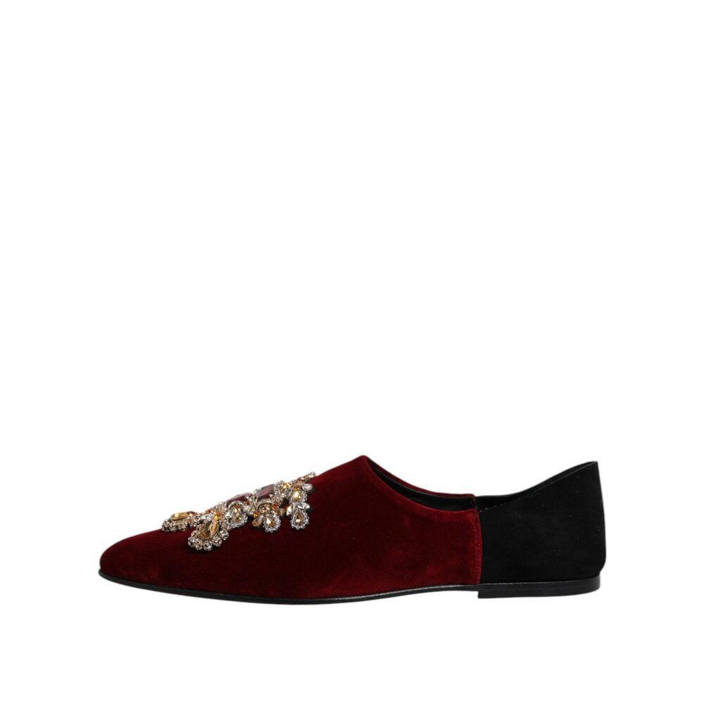 Dolce & Gabbana Dolce & Gabbana Black Red Velvet Embellished Slip On Shoes Size US 12 / EU 45 - 6 Thumbnail
