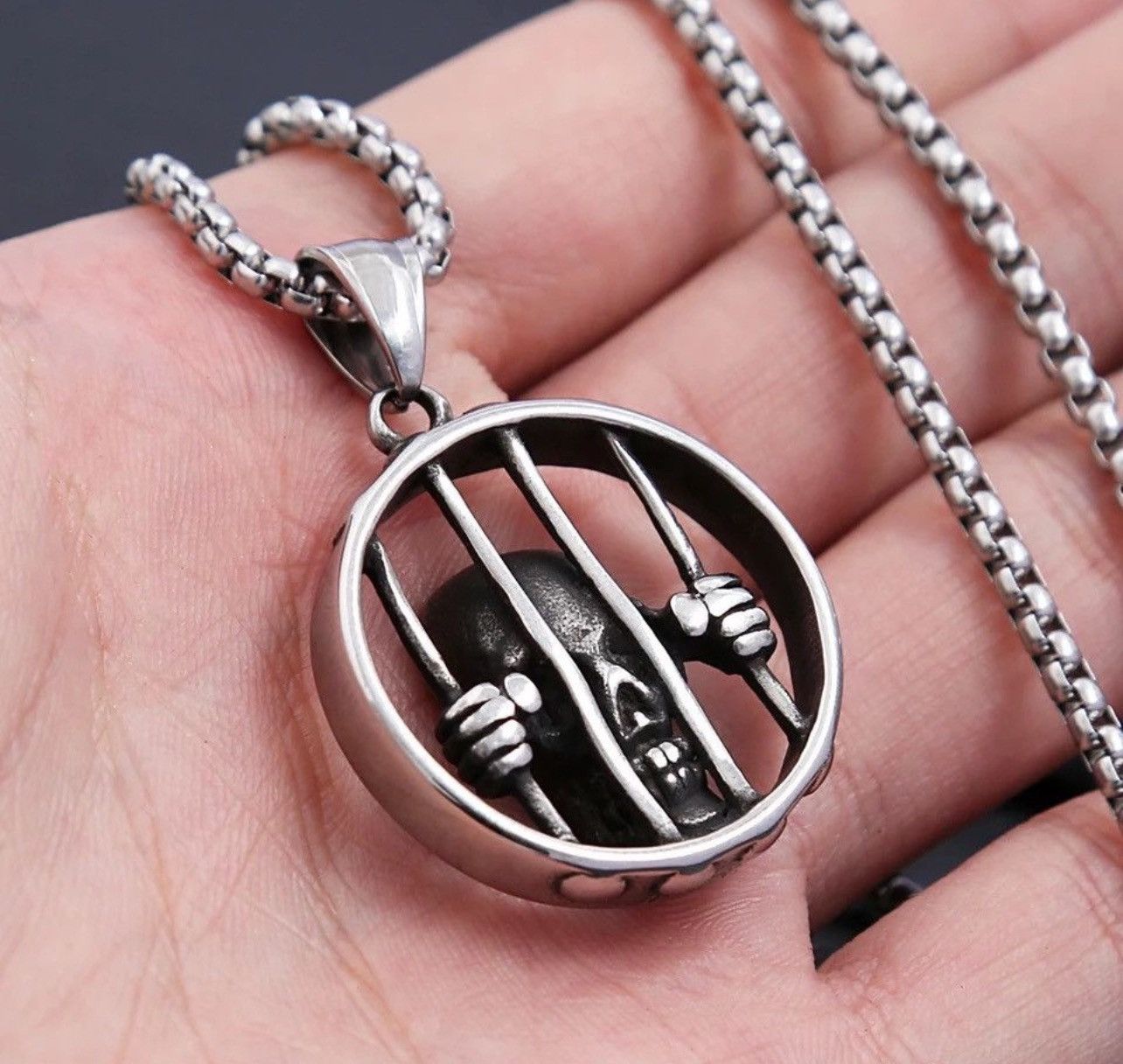 Jewelry Steel Cage Skull Pendant Necklace Size ONE SIZE - 1 Thumbnail