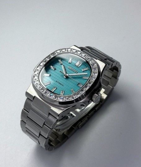 Japanese Brand Seiko Mod Nautilus Tiffany Blue Diamond Steel Watch 41mm Size ONE SIZE - 1 Thumbnail