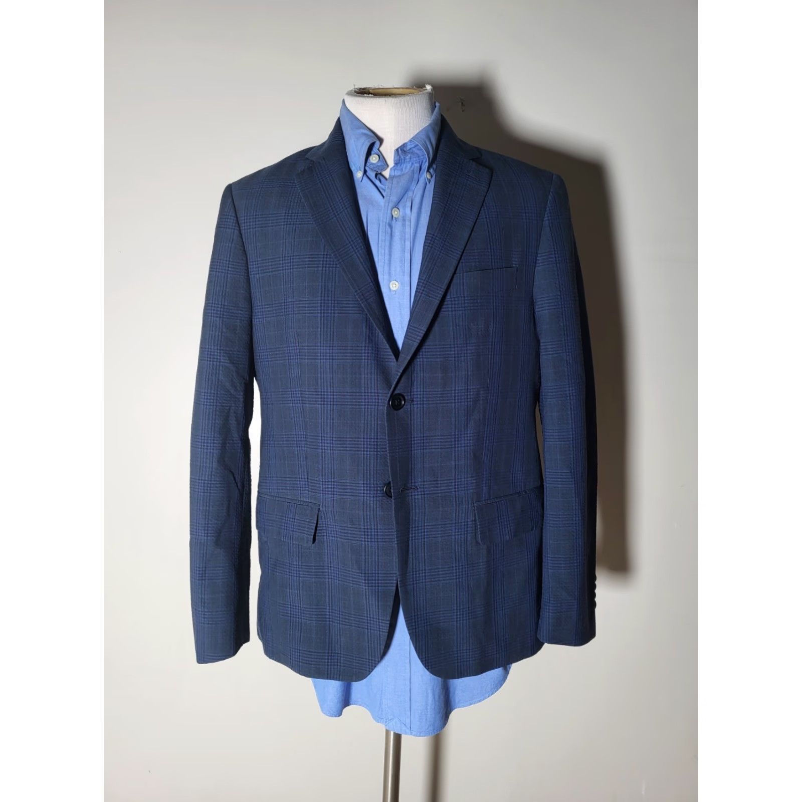 John Varvatos John Varvatos Sport Coat Jacket Seersucker Wool Blend Blue Black Check 40S Short Notch Lapel Men's Size US XXS / EU 40 - 4 Thumbnail