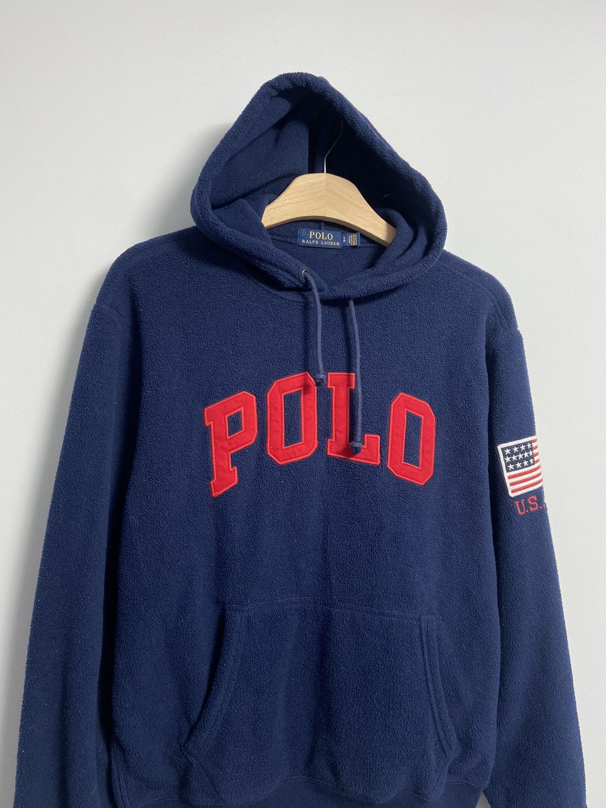 Vintage Polo Ralph Lauren Pullover Fleece Hoodie USA Flag Patch Size US S / EU 44-46 / 1 - 2 Thumbnail
