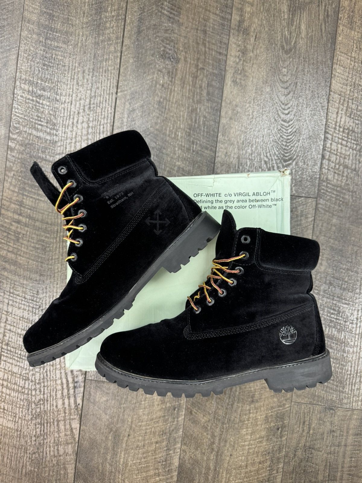 Off-White × Timberland 6 inch Black Velvet Boot (11) | Grailed