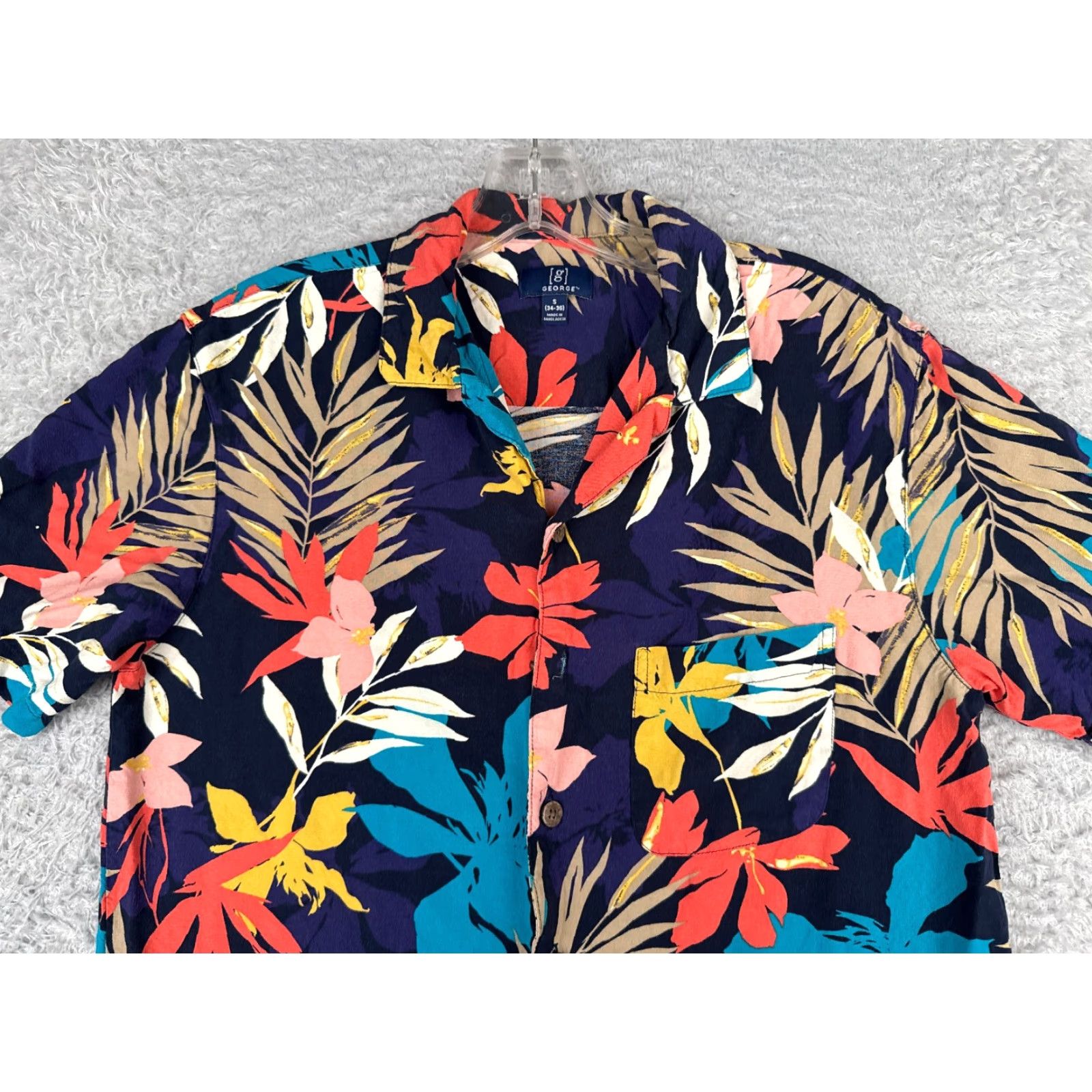 George George Shirt Men Small Blue Floral Palm Leaf Print Hawaiian 100% Rayon Pocket Short Sleeve Button-Up Mens Size US S / EU 44-46 / 1 - 4 Thumbnail