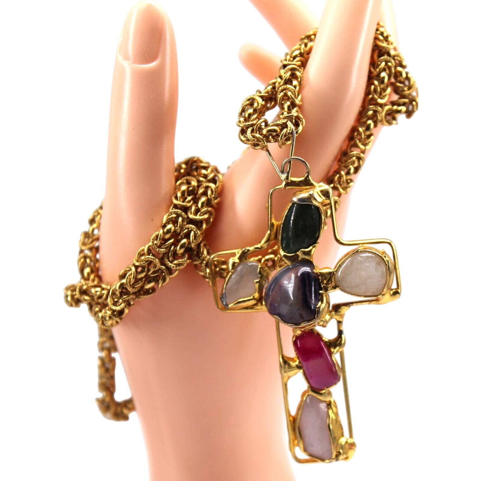 Other 3" Goldtone Christian Cross Pendent • 6 Genuine Gemstones Size ONE SIZE - 1 Thumbnail