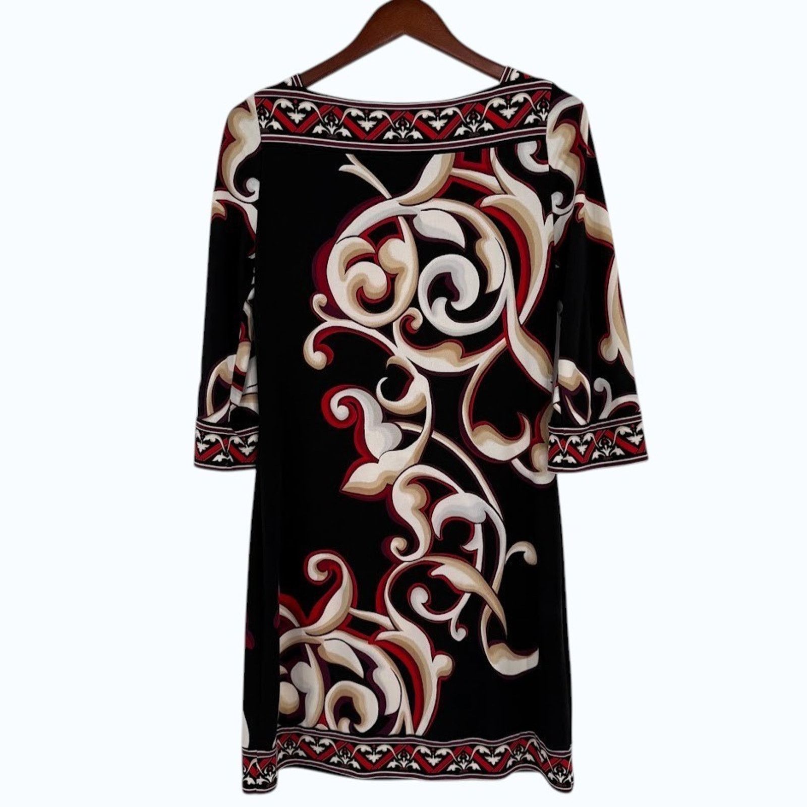 White House Black Market WHBM Sheath Dress Small Black Red Print 3/4 Sleeve Stretch Size S / US 4 / IT 40 - 2 Thumbnail