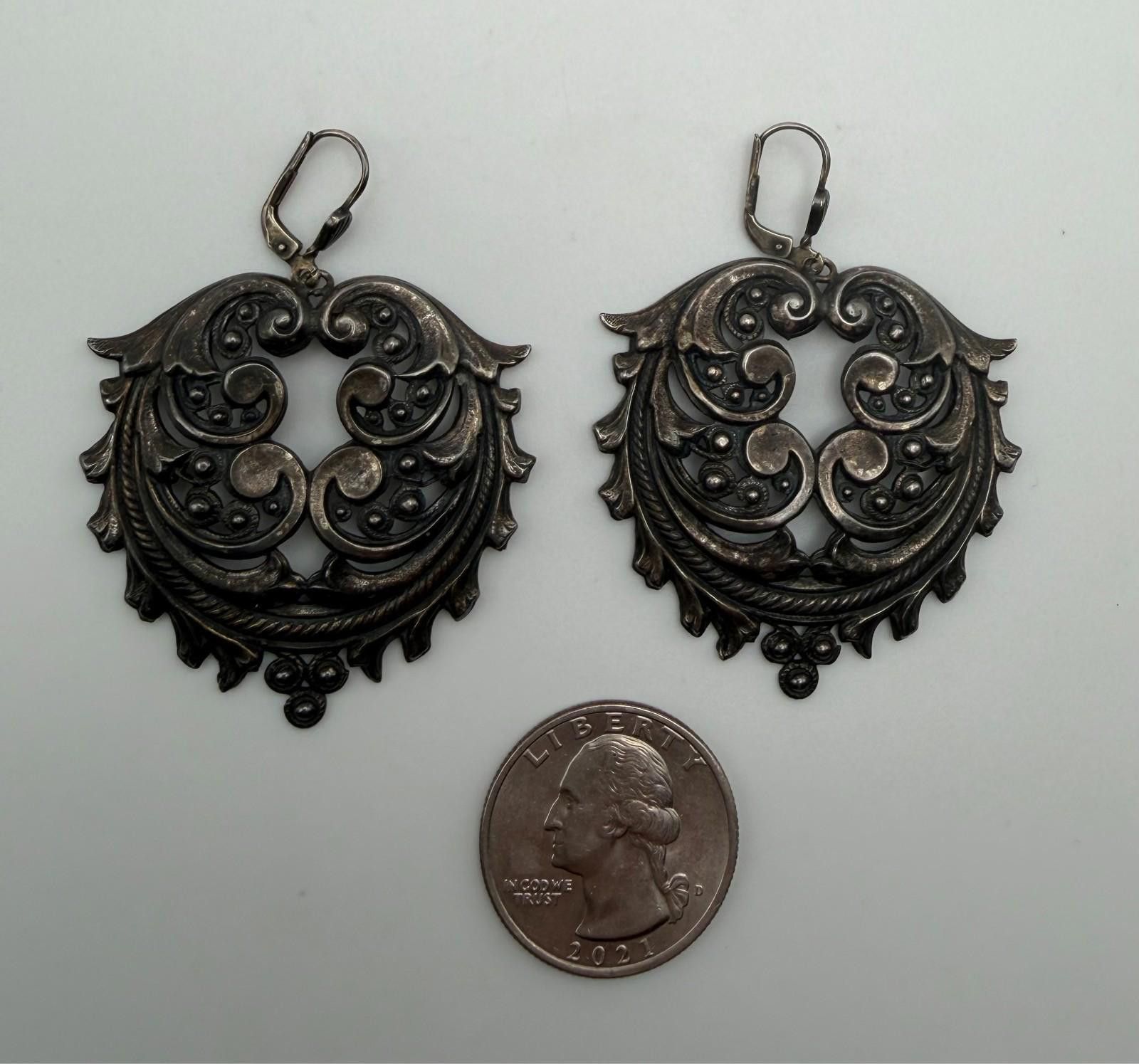 The Unbranded Brand Vintage Ornate Silver Scroll Drop Earrings Size ONE SIZE - 2 Thumbnail