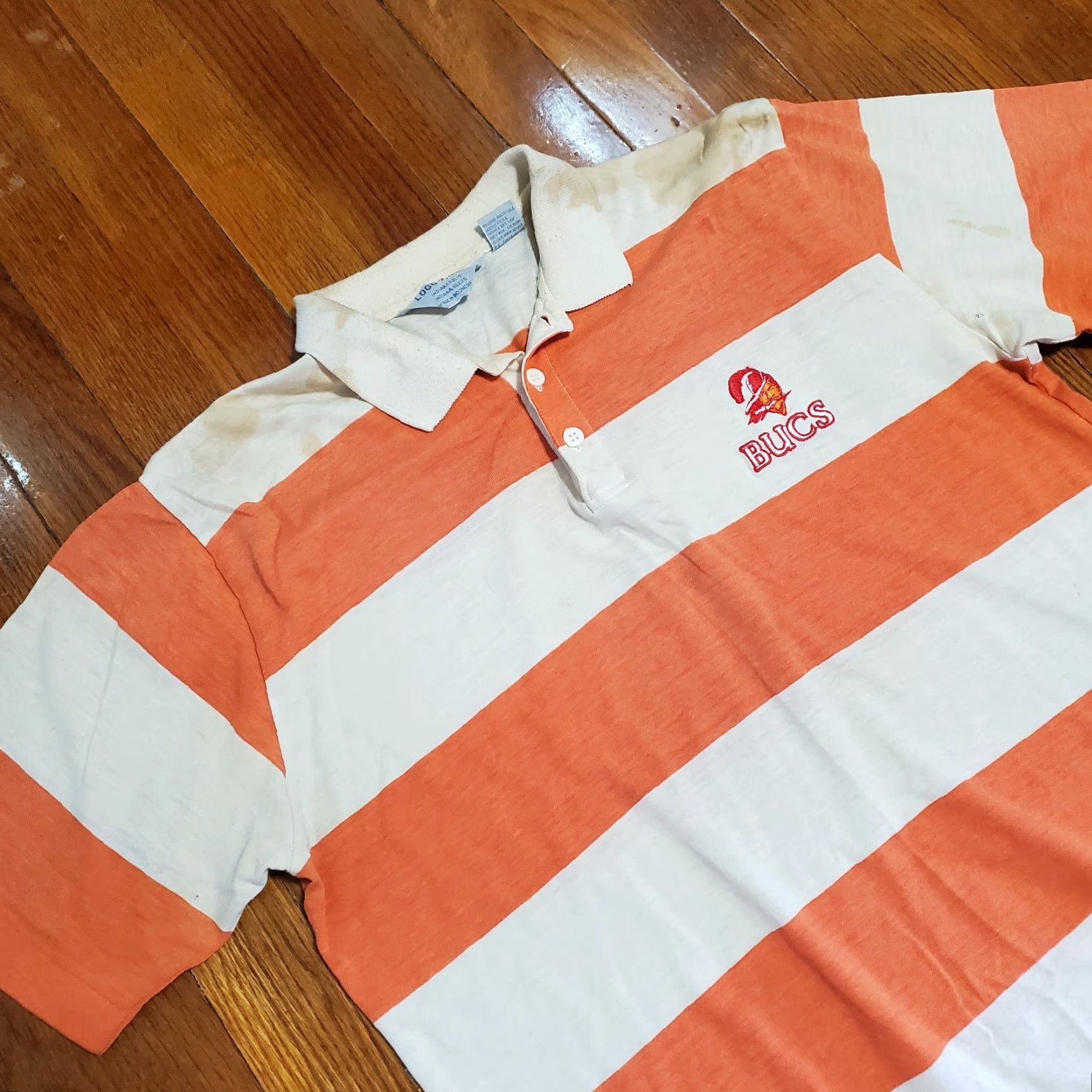 Logo 7 VINTAGE Logo 7 Shirt Striped Polo Orange Slim Button-Up Collared Short Sleeve Men L Stained 70s Buccaneers NFL Size US L / EU 52-54 / 3 - 3 Thumbnail