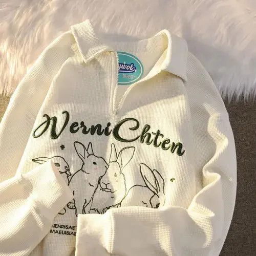 Rabbit Embroidered Waffle Polo Collar Sweater
