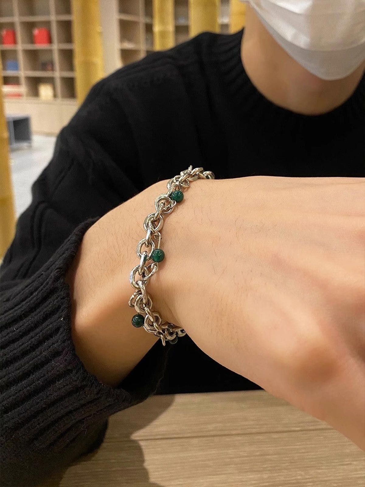 Jewelry Silver Chain Bracelet with Green Accents Size ONE SIZE - 1 Thumbnail