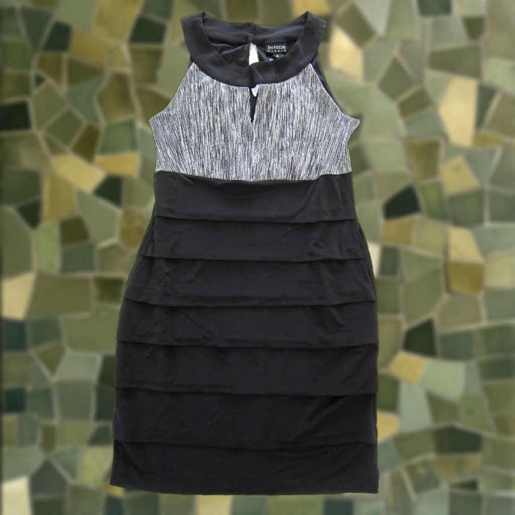 Vintage VINTAGE En Focus studio Black Silver Sleeveless High Neck Stretch Pencil Sheath Dress 8 Size M / US 6-8 / IT 42-44 - 1 Thumbnail