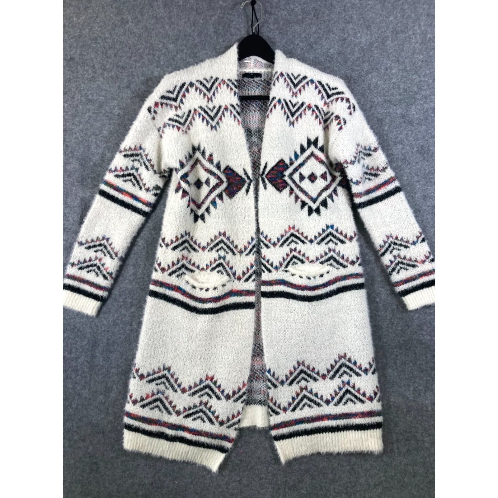 Vintage MM by My Michelle Western Cardigan Sweater Womens Large White Aztec Open Front Long Sleeve V-Neck Open Front Cardigan Western Aztec White Womens L Size L / US 10 / IT 46 - 3 Thumbnail