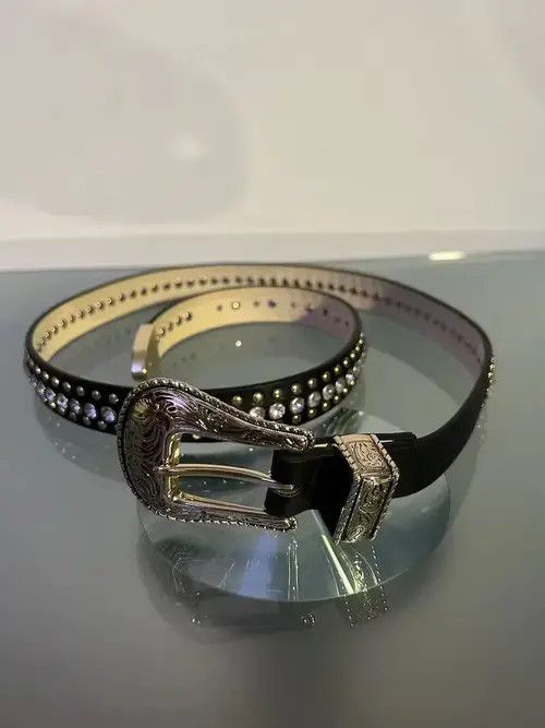 Japanese Brand × Vintage Y2K Buckle Rhinestone Belt (black+gold) Size 32 - 4 Thumbnail