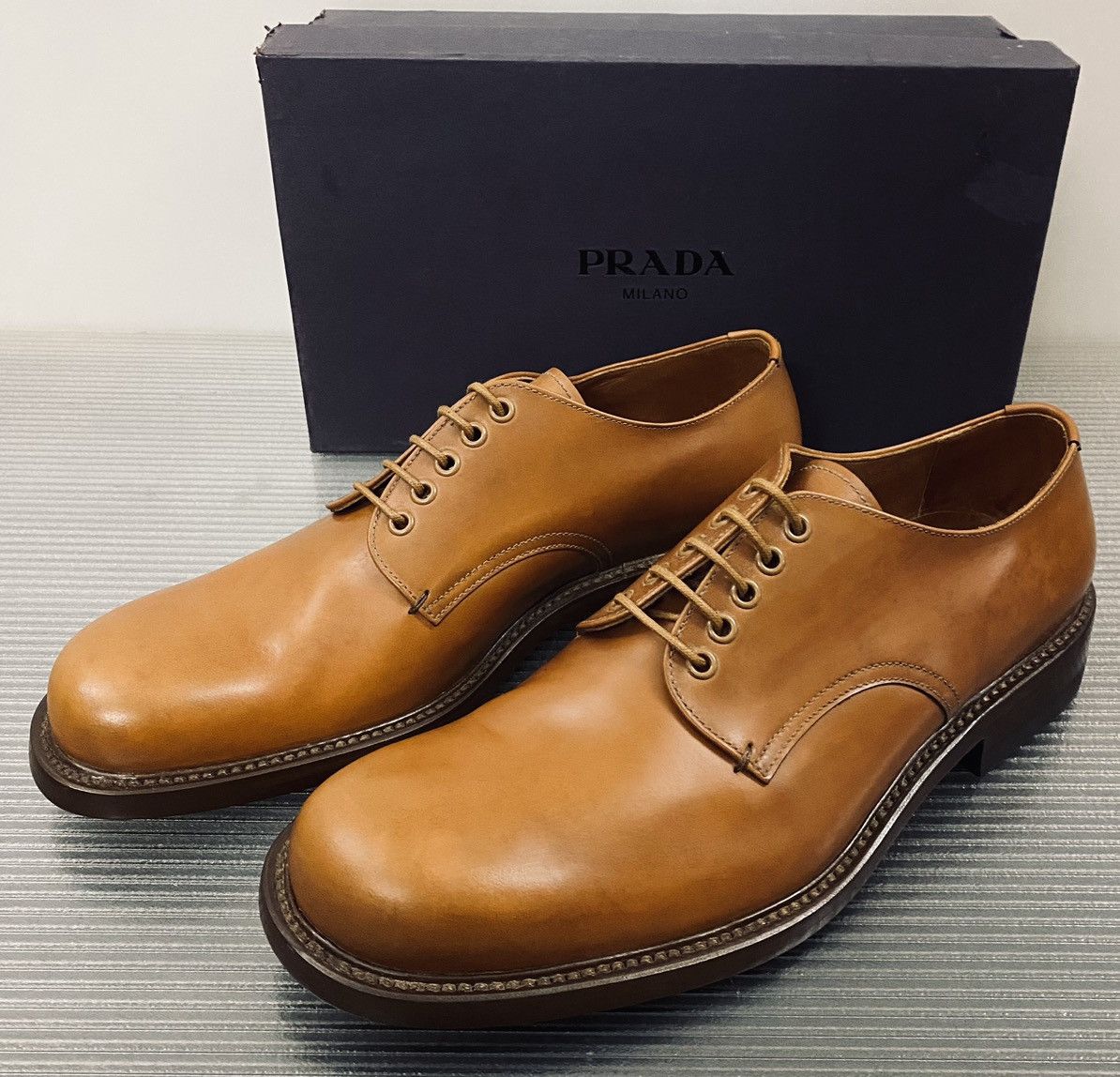 Prada Prada 🇮🇹 cognac cordovan leather triple sole derby 12 NEW Size US 12 / EU 45 - 4 Thumbnail