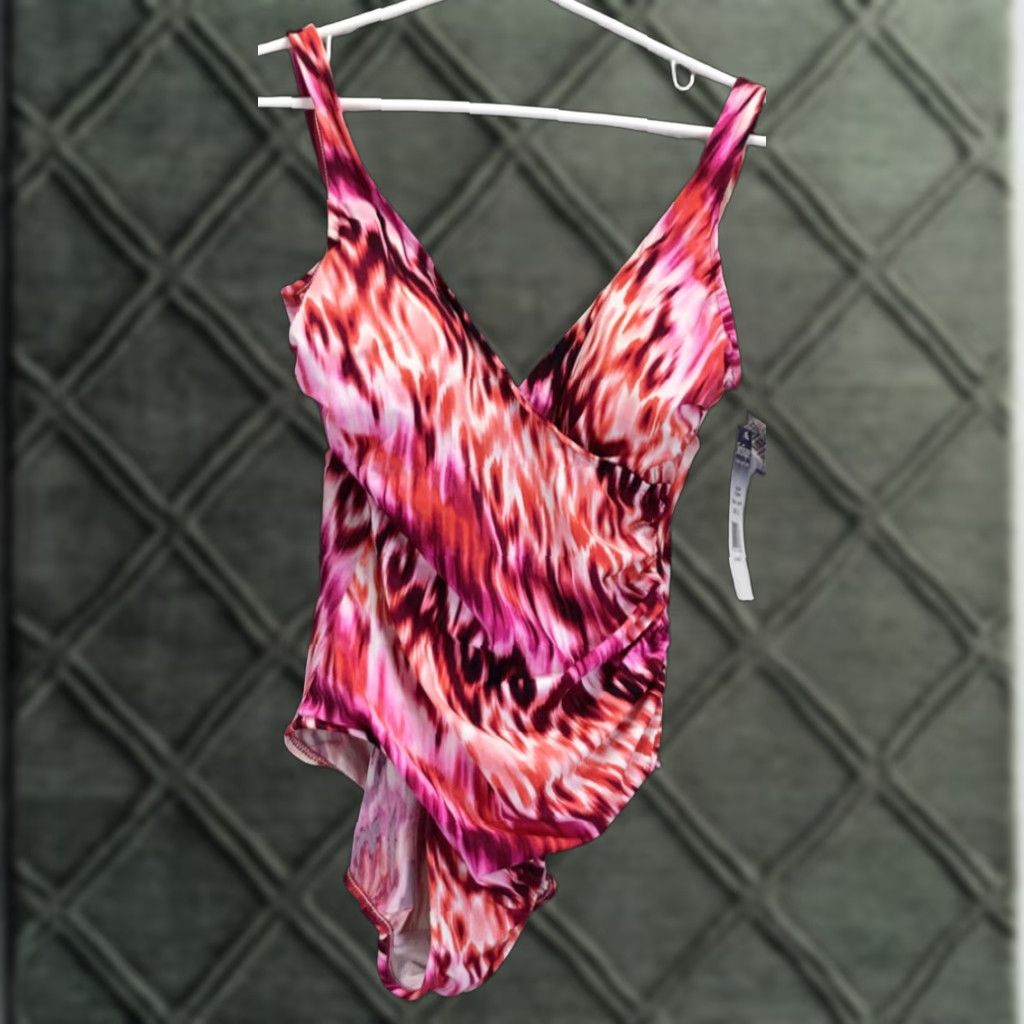 Vintage Slimshaper One Piece Swimsuit Women Size 12 Pink Tie Dye Built-In Bra Colorful in Fuchsia