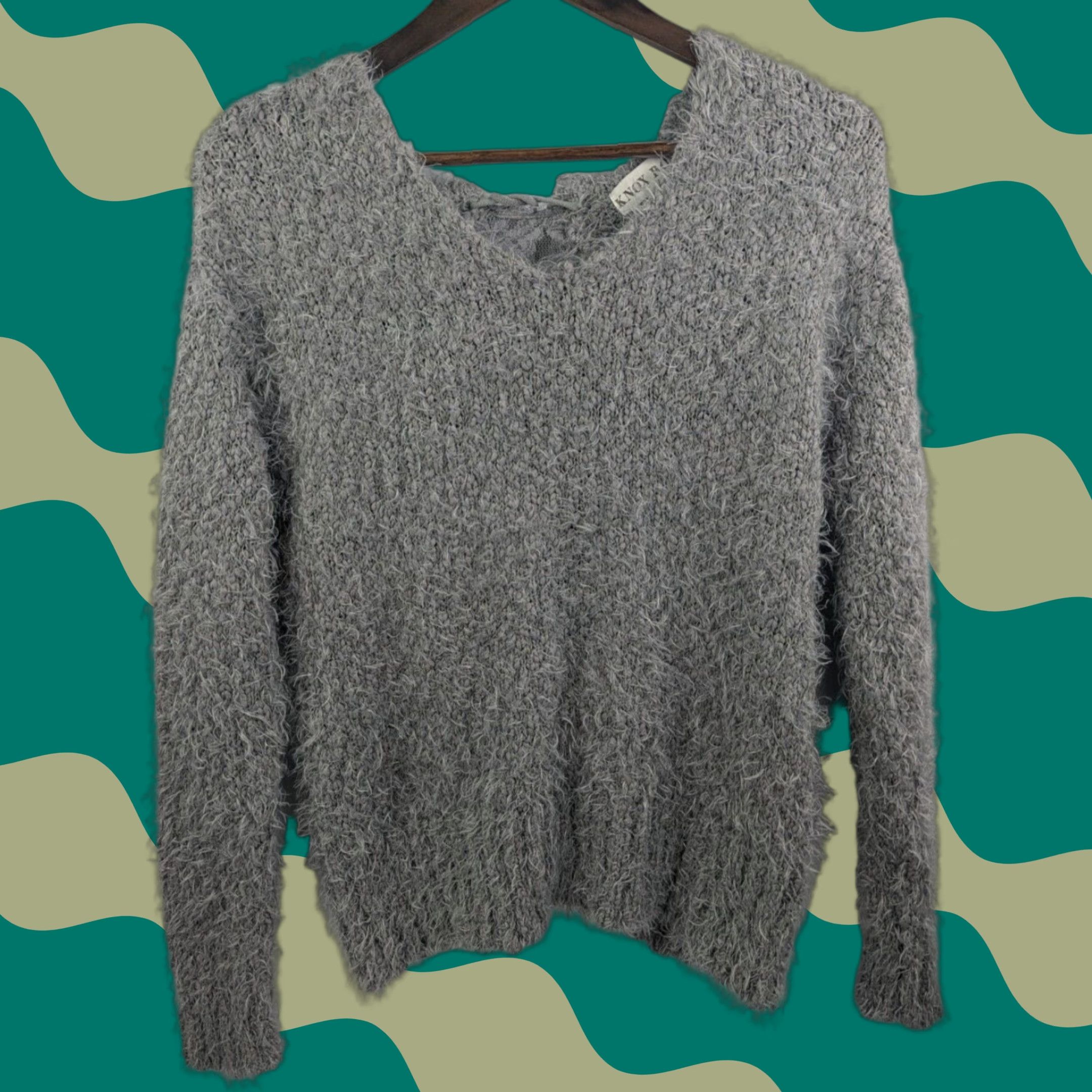 Vintage Knox Rose Sweater M Gray V-Neck Back Cutout Fuzzy Long Sleeve Pullover Women Shirt Size M / US 6-8 / IT 42-44 - 1 Thumbnail