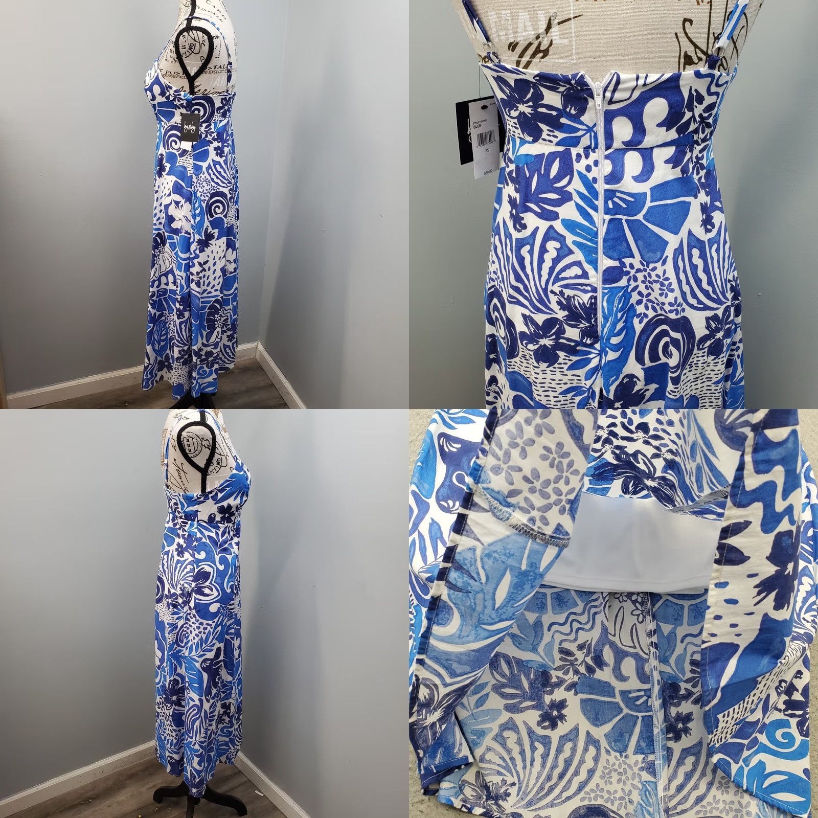 Vintage By & By Fit & Flare Dress Womens XS Blue & White Printed Sweetheart Neck Back Zip Dress Size XS / US 0-2 / IT 36-38 - 8 Thumbnail