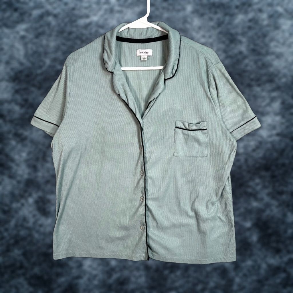 Nicole Miller Nicole Miller New York Womens Pajama Top Short Sleeve Piping Button Collared Green Ribbed Large L Adult Womens Size L / US 10 / IT 46 - 1 Thumbnail
