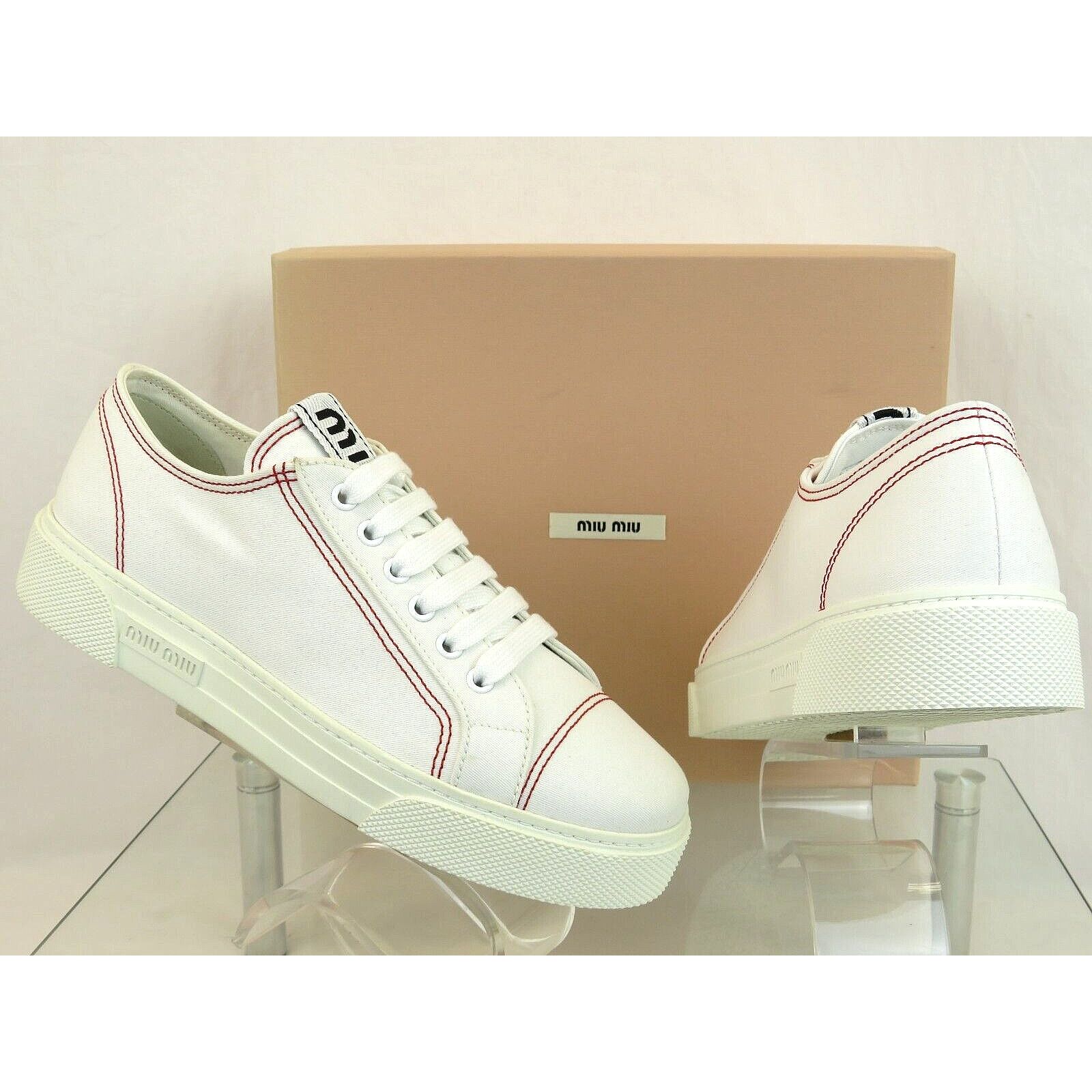 Miu Miu 5E004D WHITE CANVAS RED STITCHING LOGO LACE SNEAKERS 40 Size US 10 / IT 40 - 8 Thumbnail