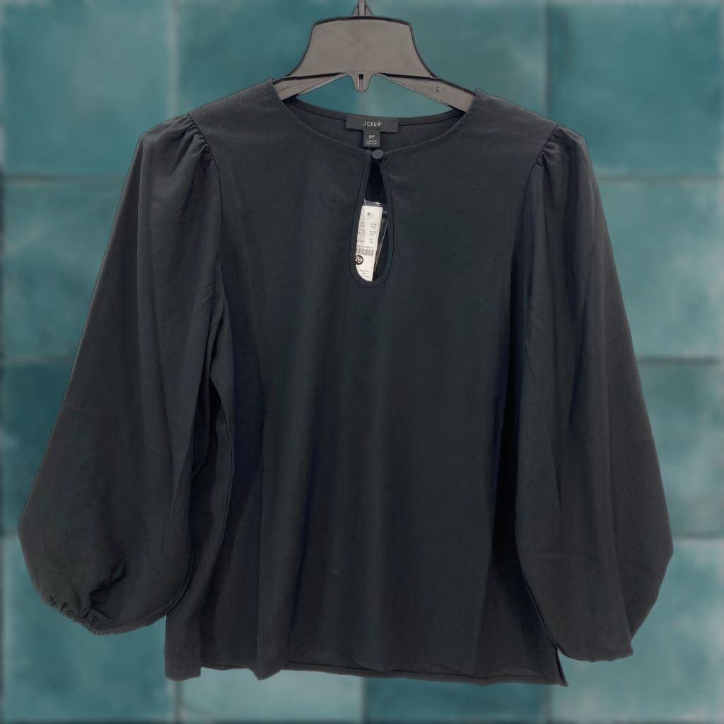 J.Crew J.CREW Puff Sleeve Satin Back Crepe Top Women's SP Petite Black Keyhole Neckline Shirt Size S / US 4 / IT 40 - 1 Thumbnail