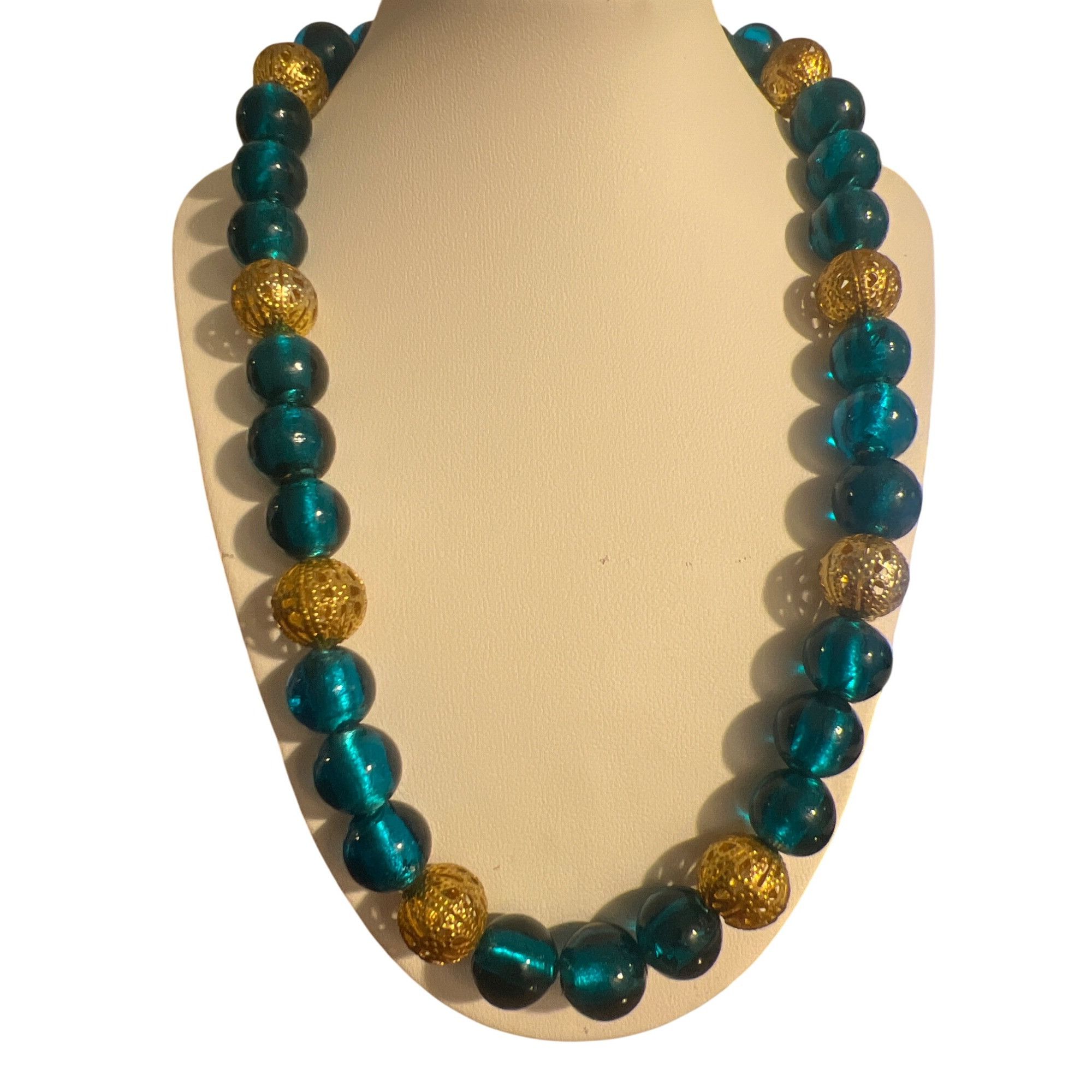 Other Vintage Blue Glass Bead Necklace Gold Tone Cage Beads Hook C Size ONE SIZE - 1 Thumbnail