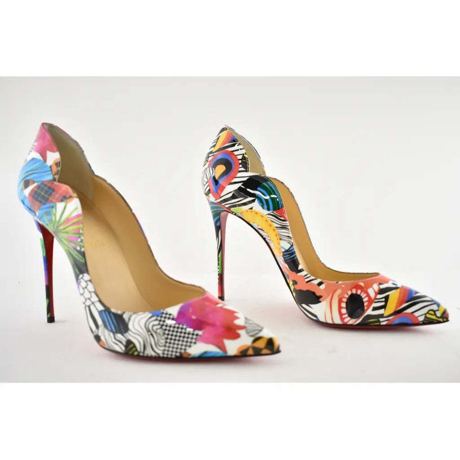 Christian Louboutin Hot Chick 100 Patent Sapeur Black Multicolor Heel Pump 37.5 Size US 7.5 / IT 37.5 - 4 Thumbnail